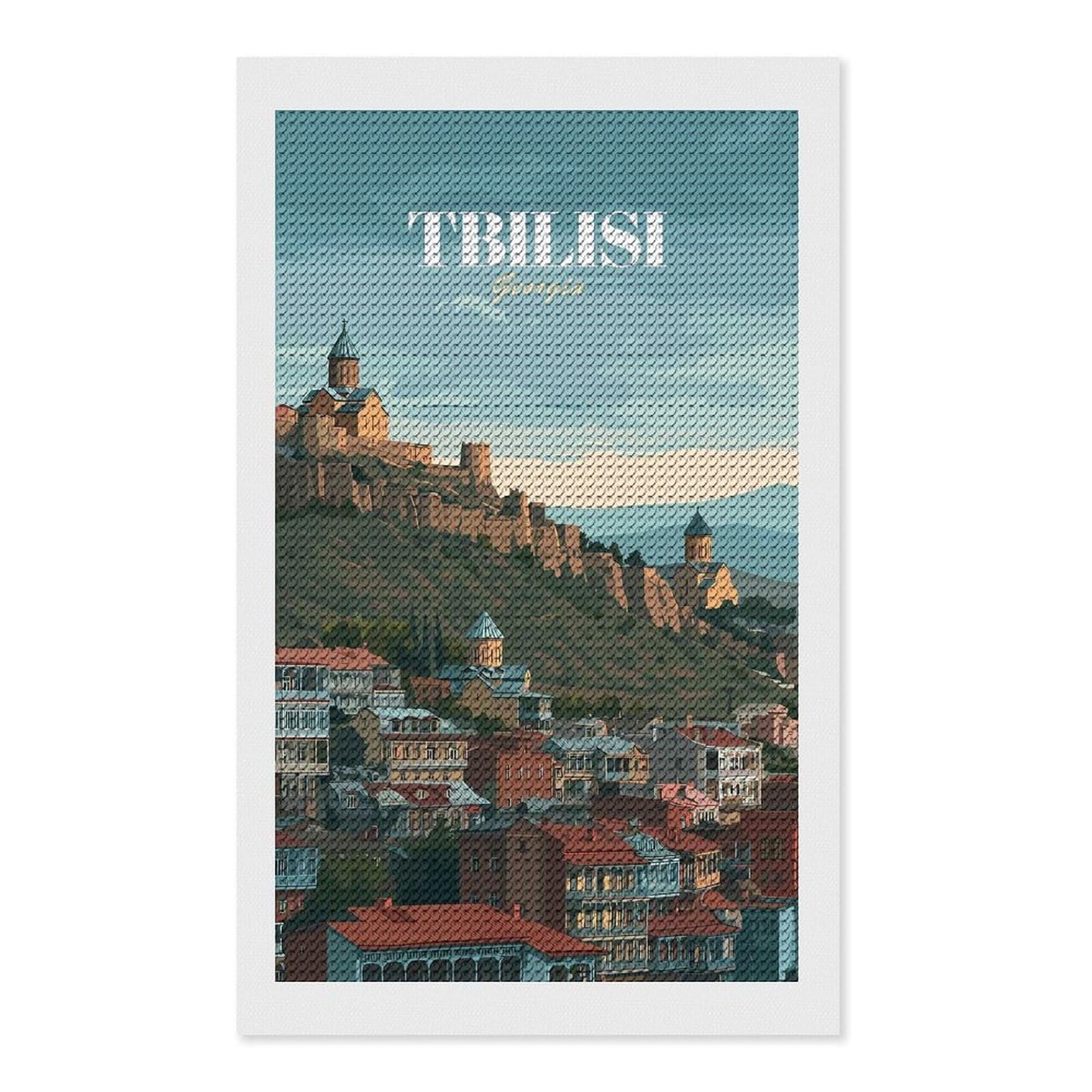 Junmoney Tbilisi, Georgia Cityscape Illustration(2) DIY Diamond Art Canvas Kit 12"x20", Adhesive Canvas, Easy to Enjoy, Farmhouse Decor, Festive Craft Gift