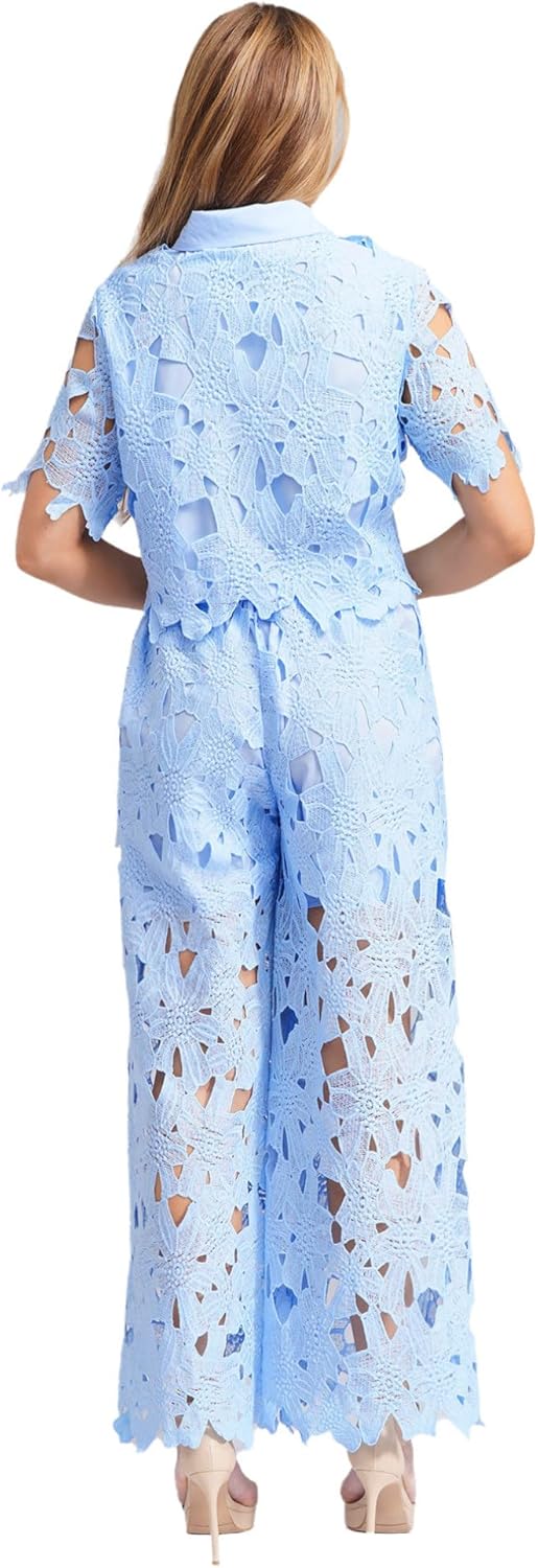 renvena Womens Chiffon Lace Outfit Floral Hollow Out Button Shirt Top Wide Leg Belted Pants 2 Piece Sets