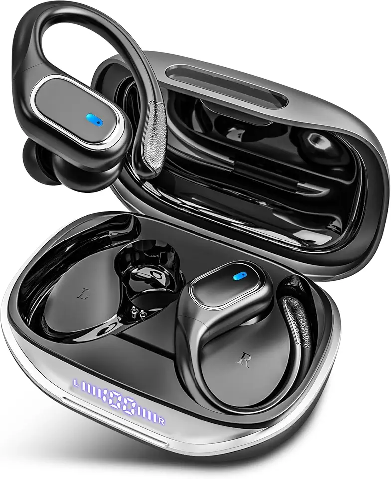 HAOYUYAN Wireless Earbuds Bluetooth 5.3 Headphones with 80H Playback, IPX7 Waterproof Over Ear Buds with LED Power Display for Sports Running Workouts - Black