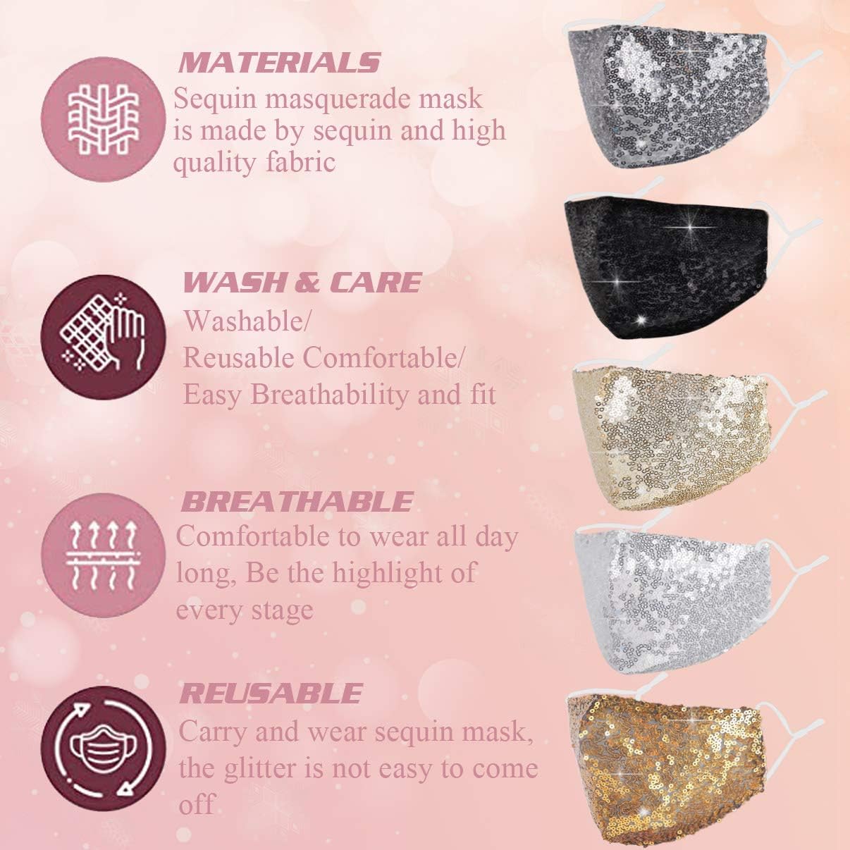 Rhinestone Sequin Bling Face Mask with Adjustable Ear Loops Lanyard Strap Clip for Women,Dark Gold Sparkle Glitter Diamond Bedazzled Crystal Decorative Cloth Covering Washable Reusable