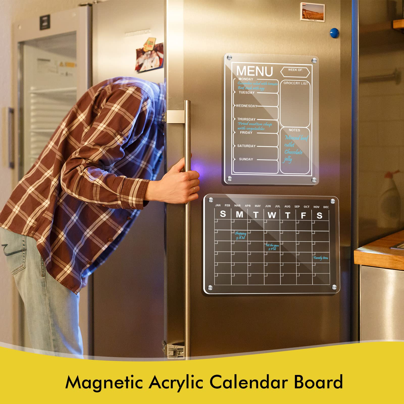 Outus 2 Pcs Magnetic Acrylic Calendar Board for Kitchen Refrigerator Weekly Magnetic Dry Erase Menu Board Clear Dry Erase Calendar Planner Board with Pen Holder Eraser 4 Colored Dry Erase Markers