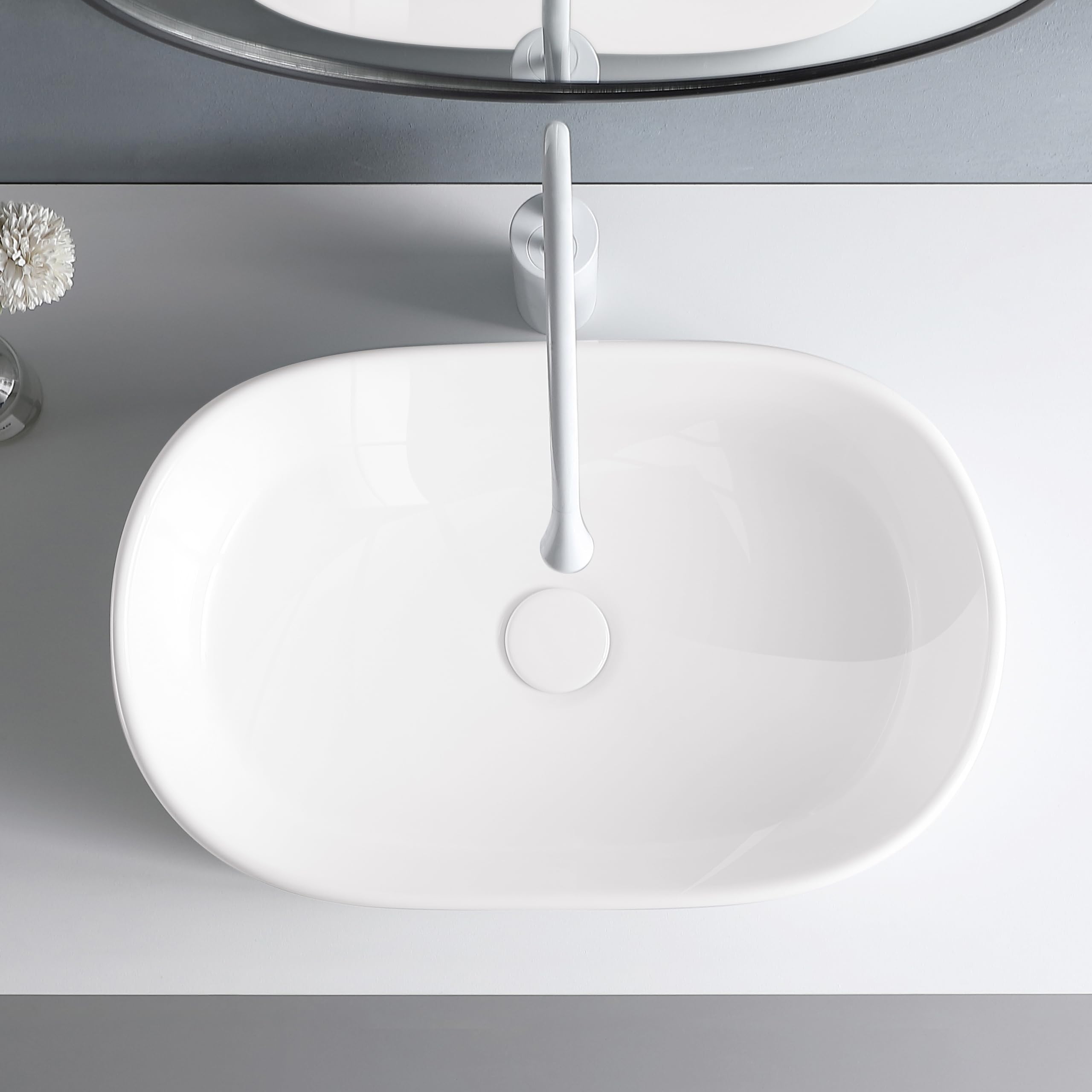 AQUAUNO - Lavabo da appoggio RITA 56 x 35,5 cm, ovale, in ceramica bianca, senza foro per rubinetto e troppopieno, in ceramica sanitaria