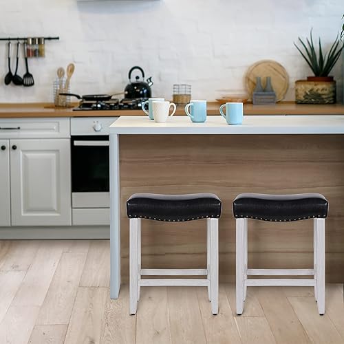 Miniatura 2 de WO Home Furniture - Taburete de bar de 24 pulgadas29 pulgadas, tapizado, sin espalda, con patas blancas antiguas de madera para cocina