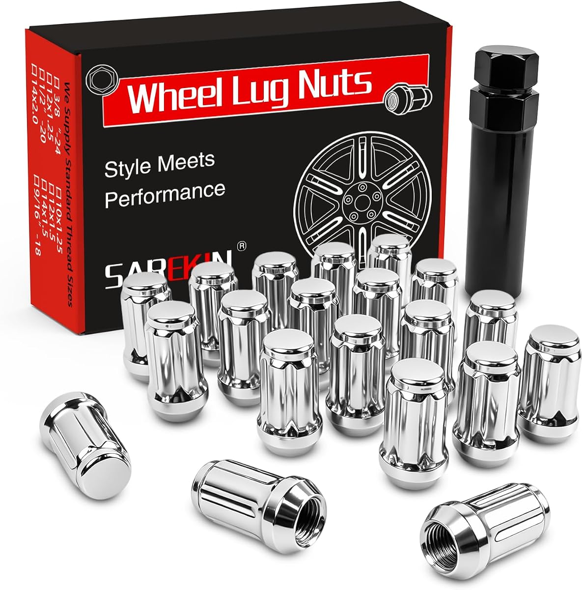 M12x1.5 Spline Lug Nuts, Closed End Chrome Acorn, 35mm 20Pcs+Key | Fit for Aftermarket Wheels with M12x1.5 Thread — 60° Conical Seat, Duplex Spline Drive, Anti-Theft Design