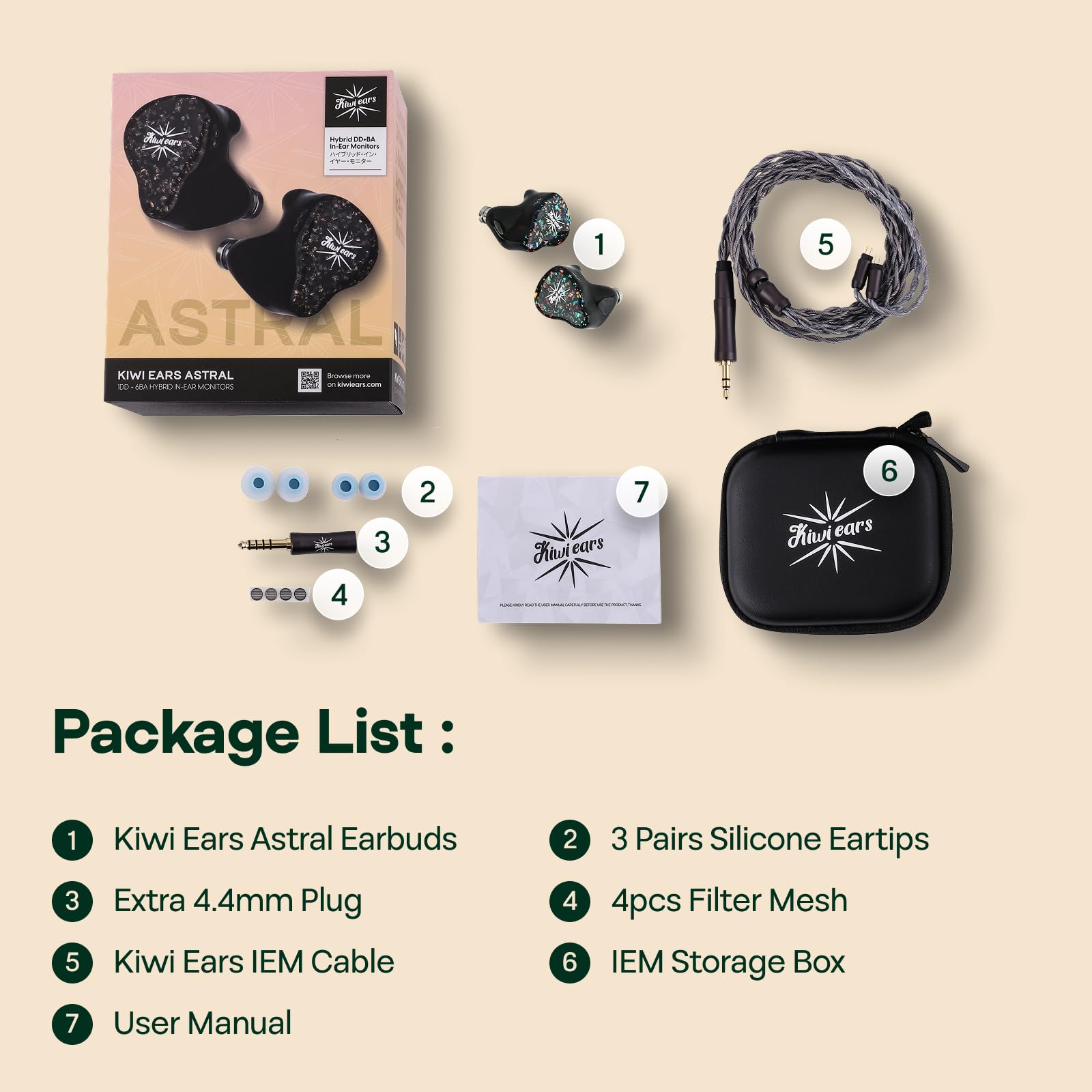 Linsoul Kiwi Ears Astral 1DD+6BA hybrydowe słuchawki douszne, przewodowe wkładki douszne, słuchawki HiFi do nagrywania i miksowania w studiu, przenośne słuchawki IEM do gier dla (Green)