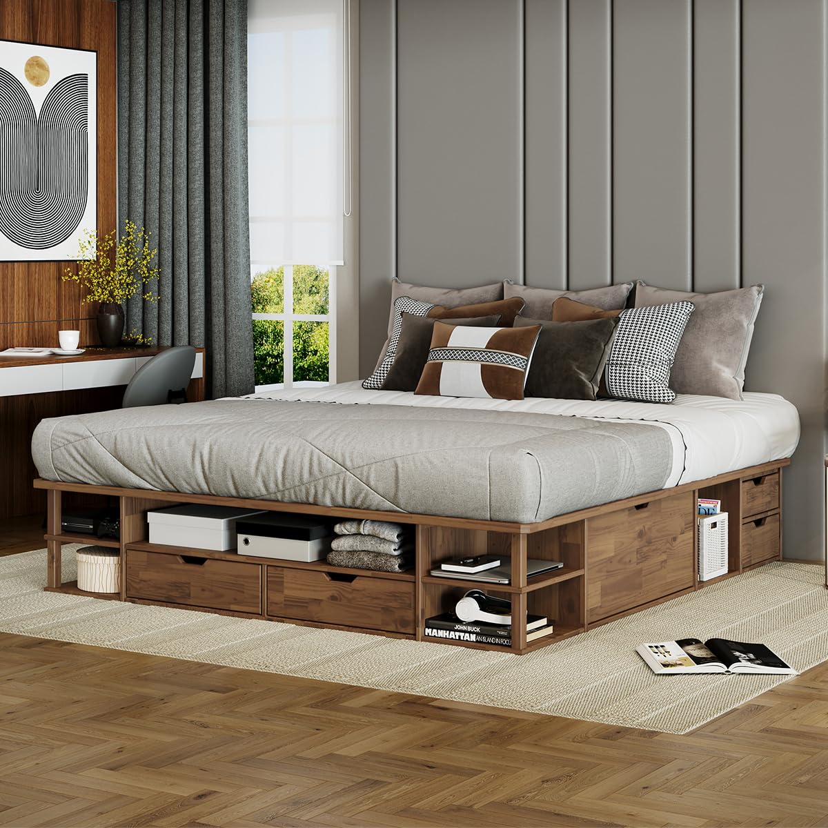 ベッドフレーム bed frame with mattress Z-hom King Size Bed Frame with LED Headboard, Metal & Wood