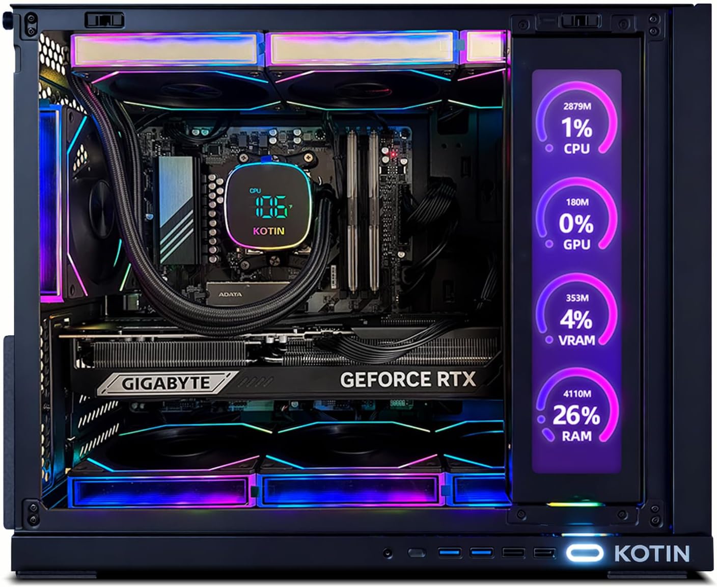 KOTIN Prebuilt Gaming PC Desktop Computer, Ryzen 7 9700X, GeForce RTX 5070 12GB, 32GB DDR5 6000MHz, 1TB PCIe 4.0 SSD, 11.3"Display, 360mm Liquid Cooler, WiFi 7, Windows 11 Home, ARGB Gaming Tower G60B