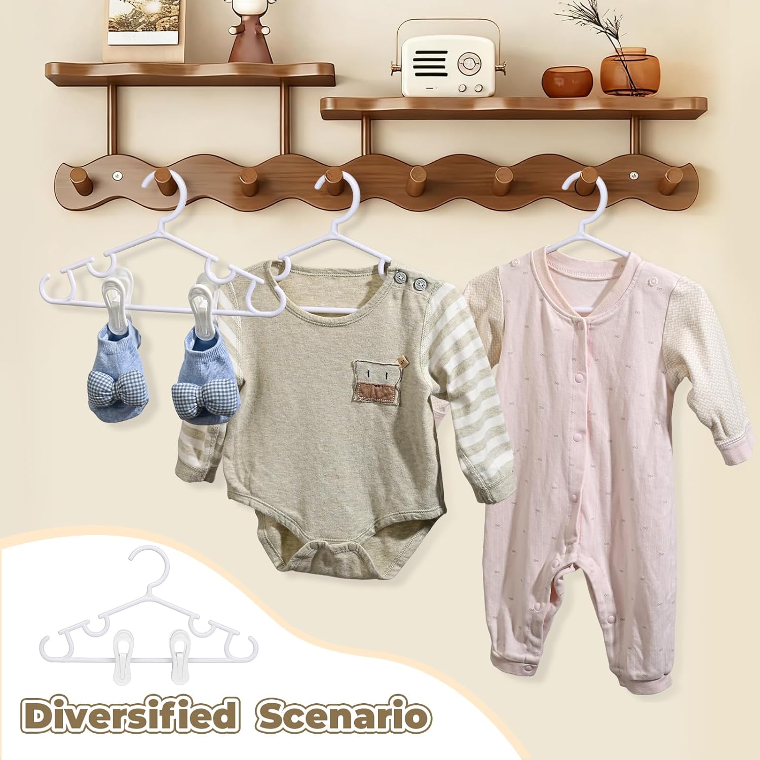 Nursery Baby Hangers with Clips, 20 Newborn Kids Plastic Clothes Hangers for Toddler Pants – with 40 Clips for Children's Clothes Packs(White,60 Packs) - Image 6