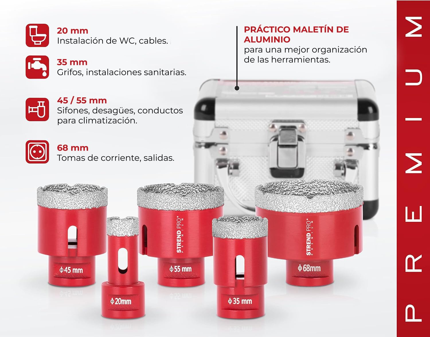 STREND PRO Set de Coronas Diamantadas para Azulejos, Vidrio y Gres | 20-35-45-55-68 mm | Rosca M14 para Amoladora Angular | Maletín de Aluminio | Cerámica, Granito y Piedra | Corte Rápido