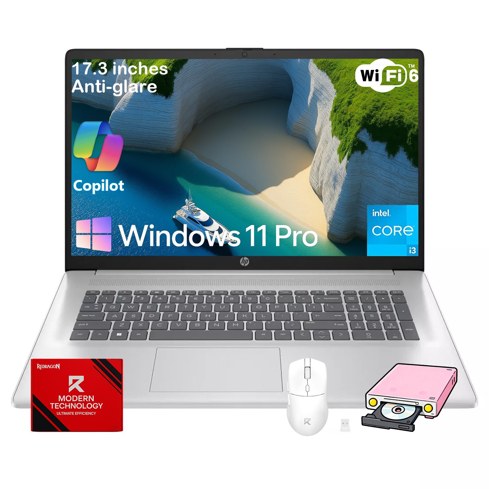 HP 17 Laptop Computer for Business and Students - 17.3" HD+ 250 Nits IPS Display, 8GB RAM, 512GB SSD, Intel 8-Core i3 Processor, Wi-Fi 6, Camera, Copilot, Fast Charge, Win 11 Pro, with Accessories