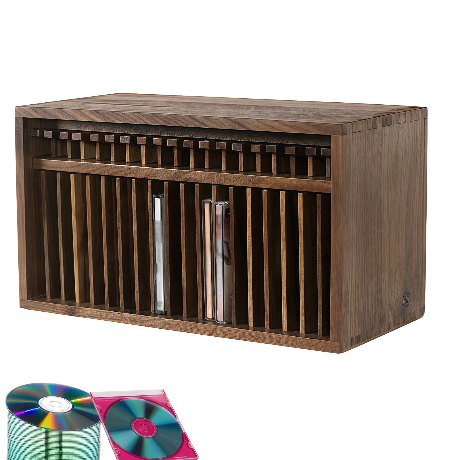 Drewniany wysuwany stojak na płyty CD, 19 miejsc, szafka DVD biurko, mieści o wymiarach 14x1,4x14,5 cm, stylowy organizer do domu(Black walnut wood)