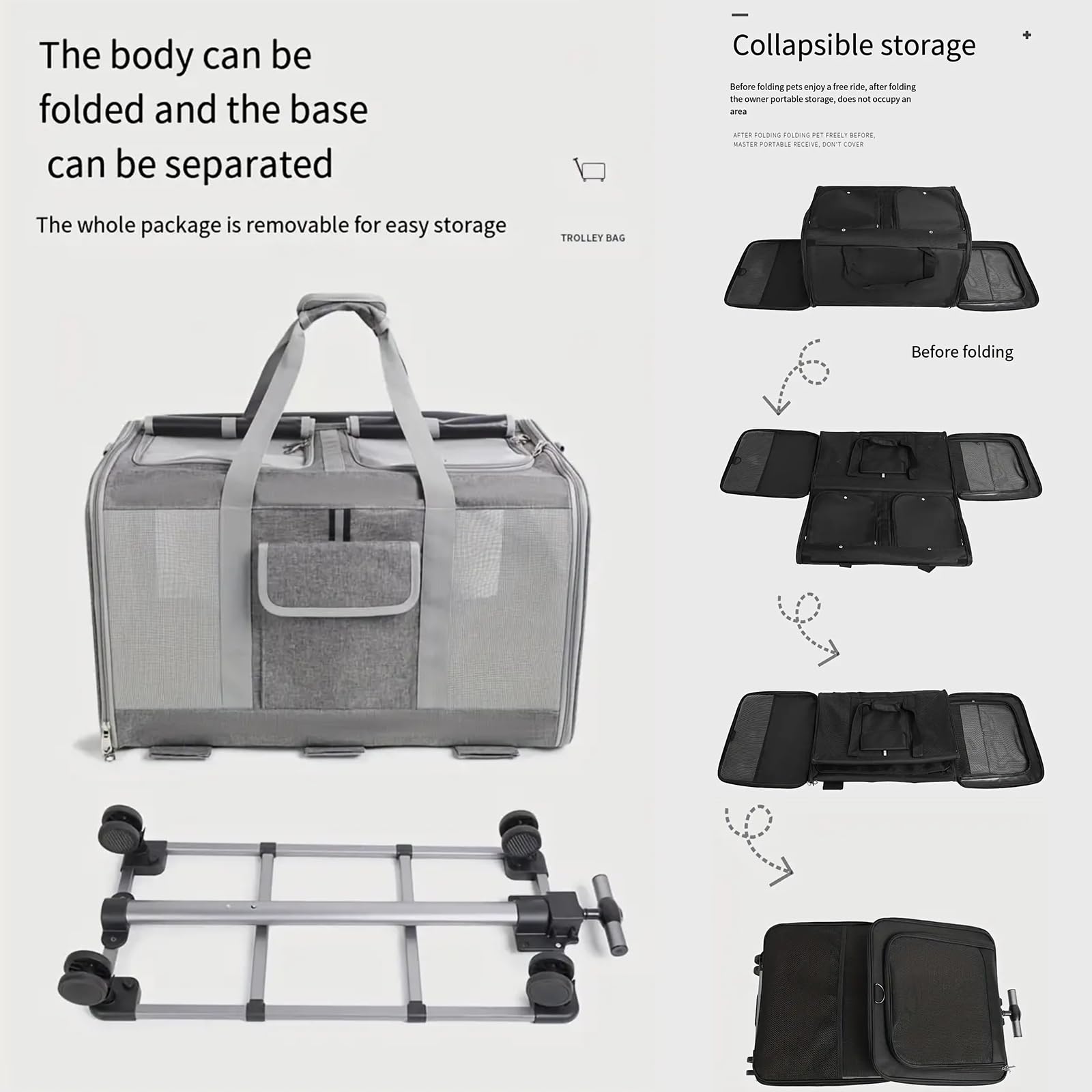 Transportín De Mascotas De Doble Compartimento con Ruedas Desmontables para Gato/Perro, Transportador Rodante para 2 Gatos Pequeños,Perros, Diseño Súper Ventilado,Caqui