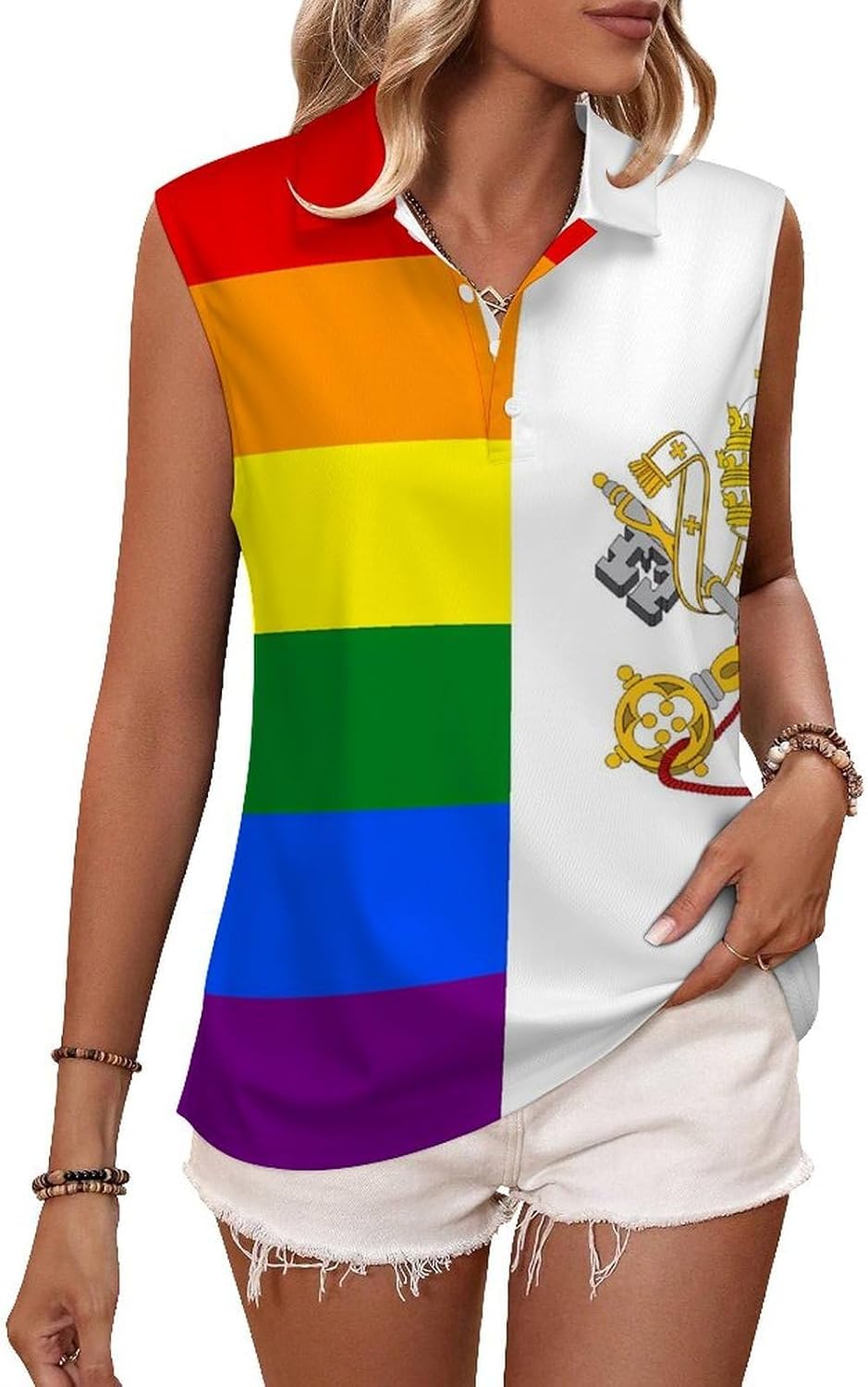LGBT Proud Flag of Vatican Womens Sleeveless V Neck Golf Polo Shirts | Collared Tank Tops