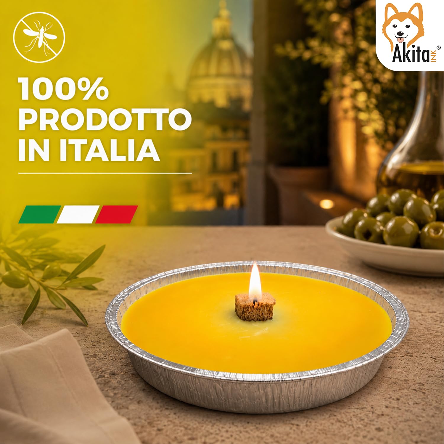 Akitaink Candele Citronella Antizanzare Esterno, Set da 5 Pezzi | Fiaccole Ø 14 cm, Ciotola di Alluminio, Disponibili in Set da 5 o 10