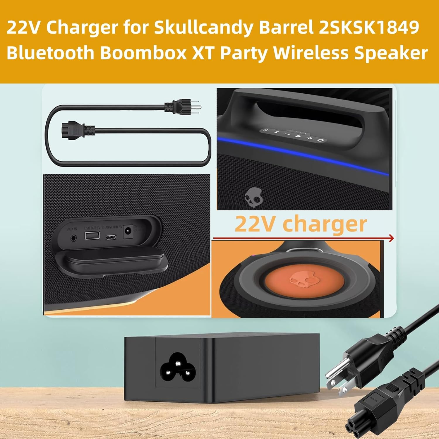 22V Charger for Skullcandy Barrel Bluetooth Boombox XT Party Wireless Speaker Compatible with Skullcandy Barrel 2SKSK1849 RY72A220320M2 2SKAC1890B0W2 Power Cord