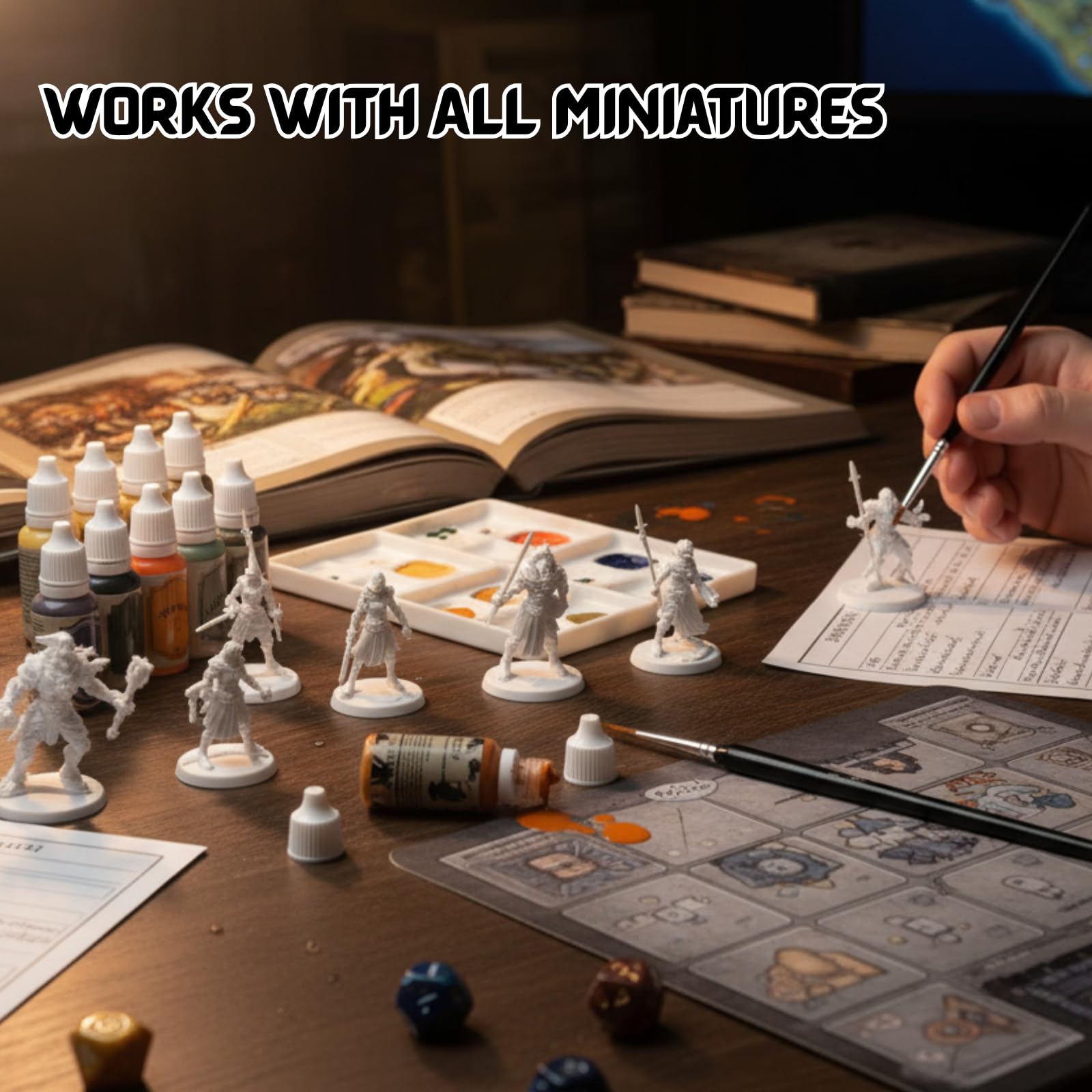 Set Pittura Miniature DND - Kit 22 Vernici Acriliche Base Acqua per Principianti con Oro/Argento Metallizzato Ombre e Primer per Figure DND WH40K - Con 7 Miniature Adventure TTRPG
