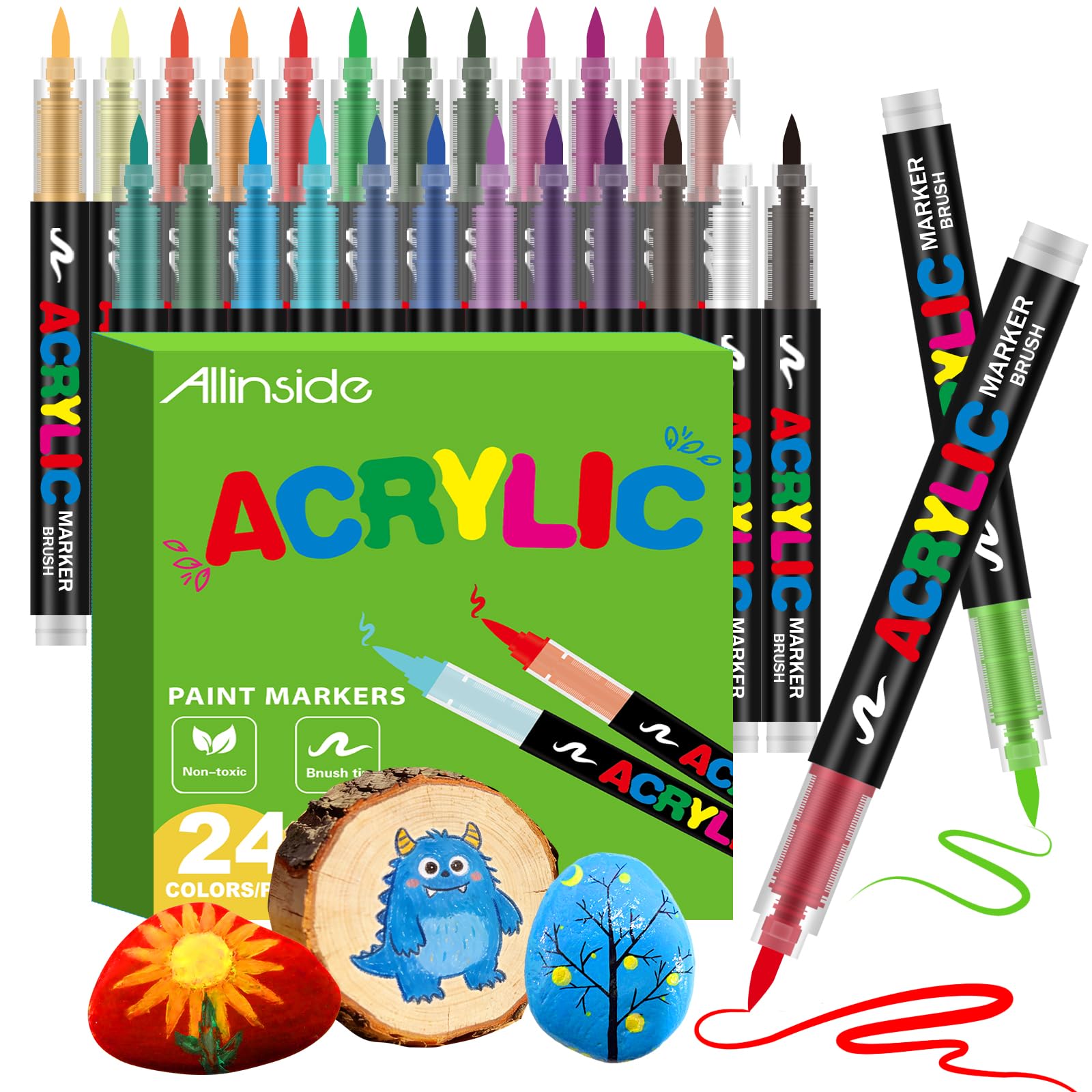 Allinside Acrylic Paint Pens 24 Colors, Broad Tip Paint Markers, Waterproof for Kids Adults Rock Painting Drawing Art Craft Supplies