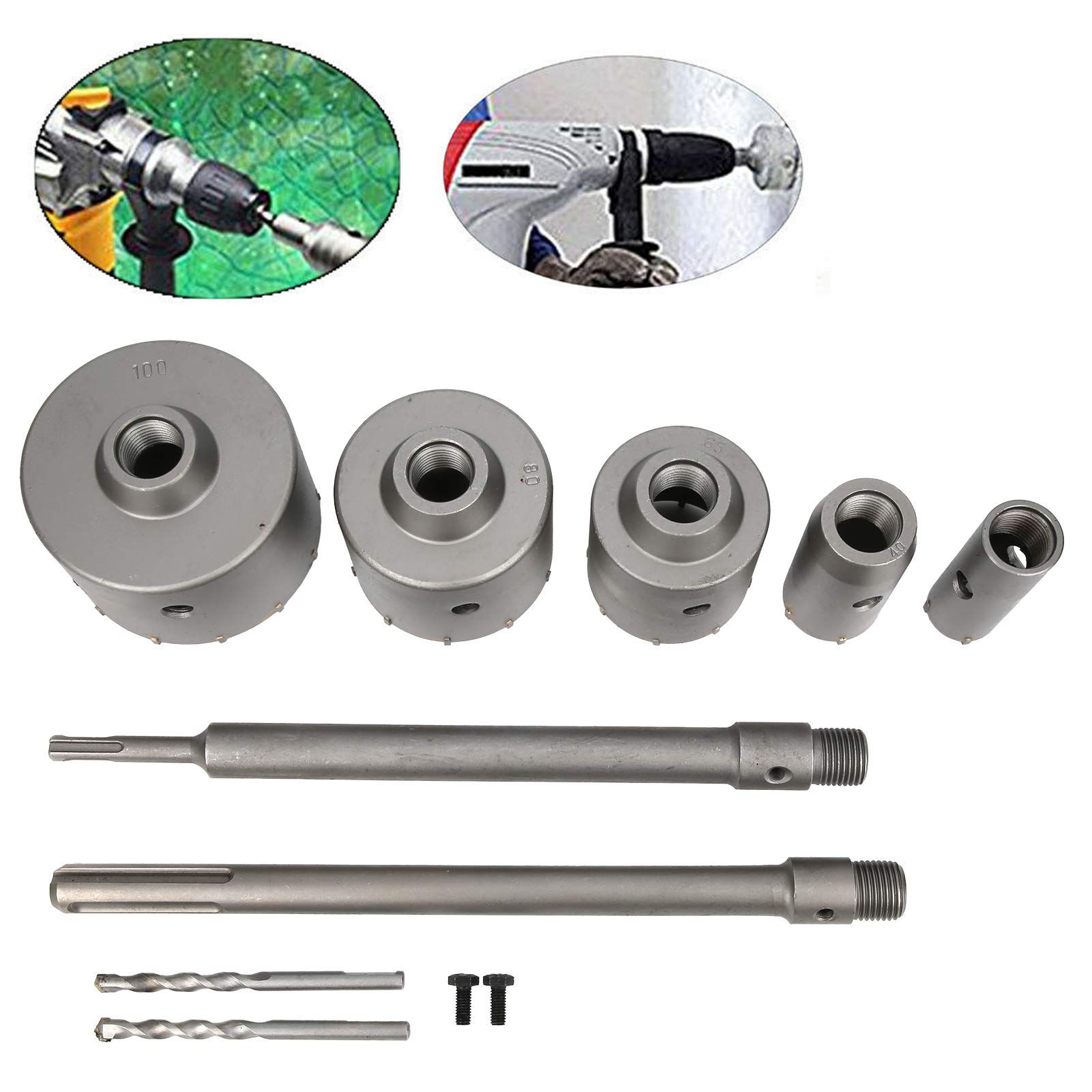 Set di Punte per Calcestruzzo 9 Pezzi, Trapano a Bussola per Muratura 30mm 40mm 65mm 80mm 100mm con Adattatore di Prolunga SDS-Plus