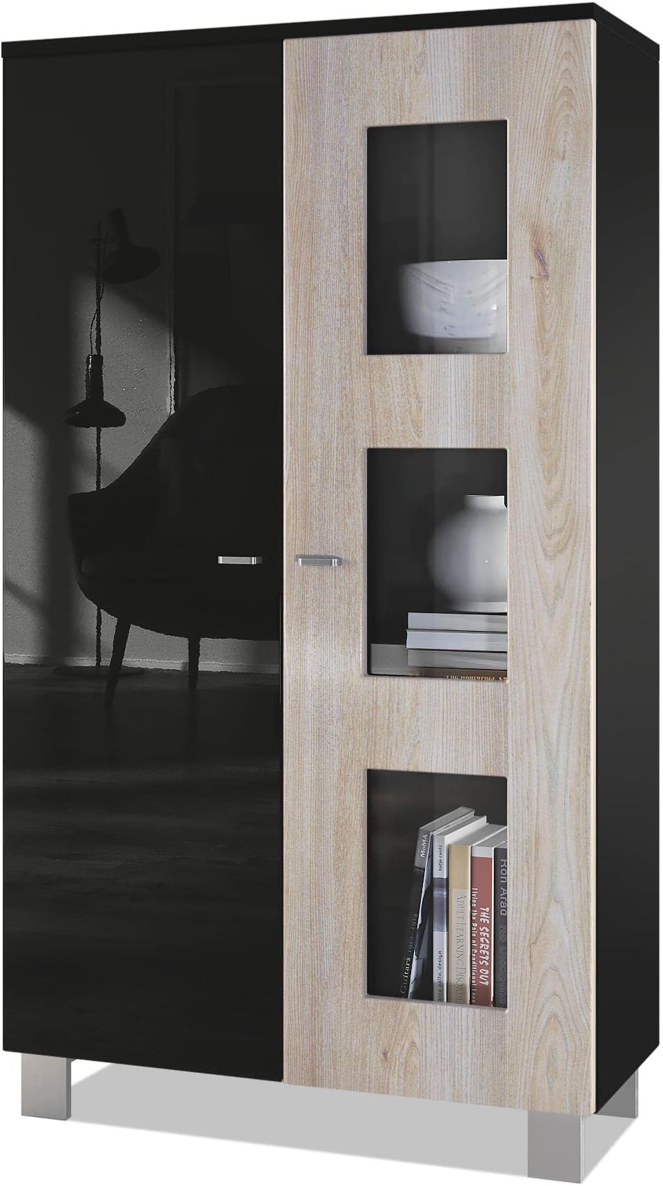 Vladon Denjo Display Cabinet, Free-Standing Display Case with 2 Doors and 3 Glass Panels, Black matt/Black High Gloss/Oak Nordic