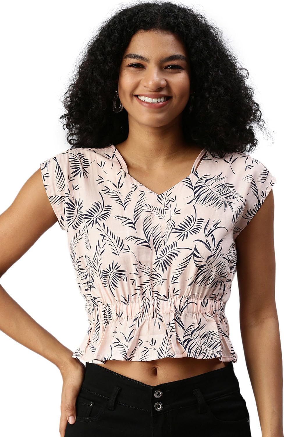 Women's Cinched Waist Sweetheart Neck Peach Regular Top_AE-10212_PEACHNAVYBLUE