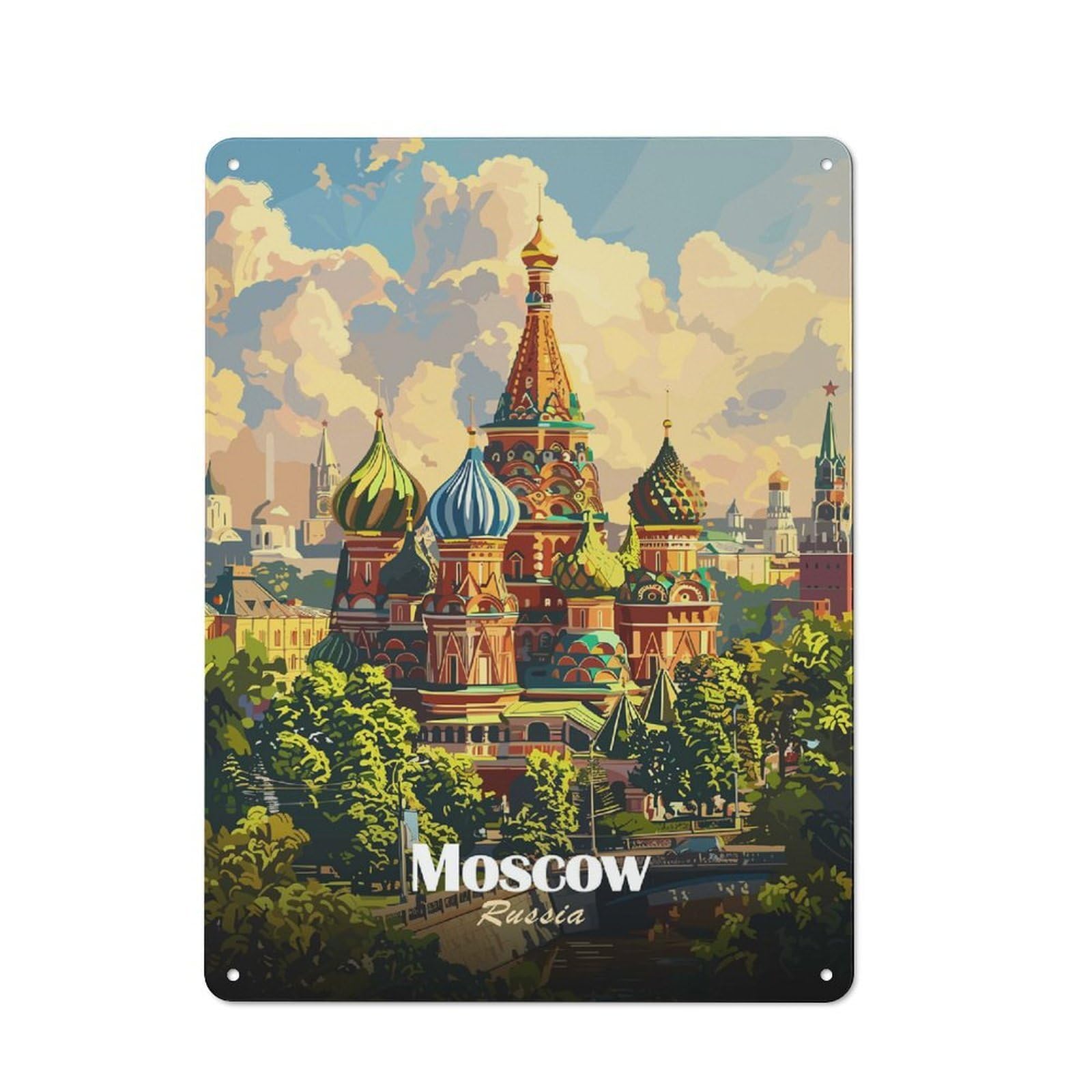 Junmoney Style-11 Retro Moscow Russia Cityscape Art Illustration Vintage Metal Sign 40X30cm, Room Wall Plaque For Flat, Dorm Room, Lounge Or Cafe