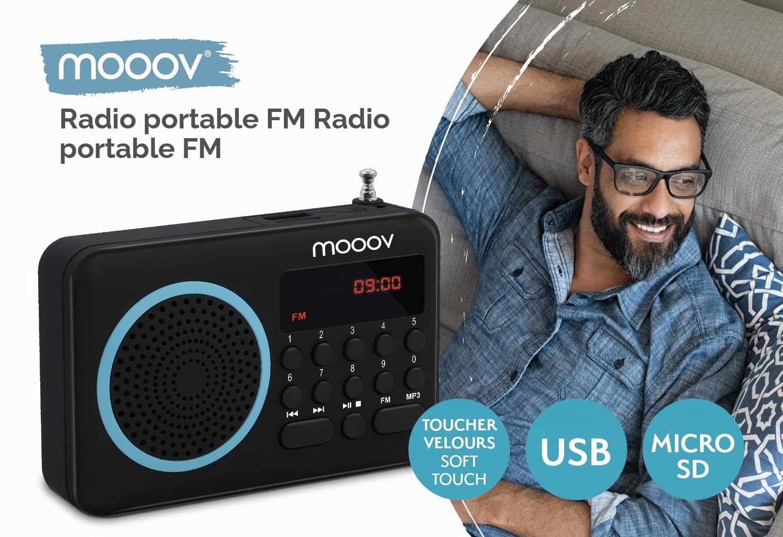 mooov 477203 Petite Radio Portable FM avec Batterie Rechargeable - Poste Transistor Radio Réception FM, Port USB, Lecteur Carte Micro SD - Noir / Bleu