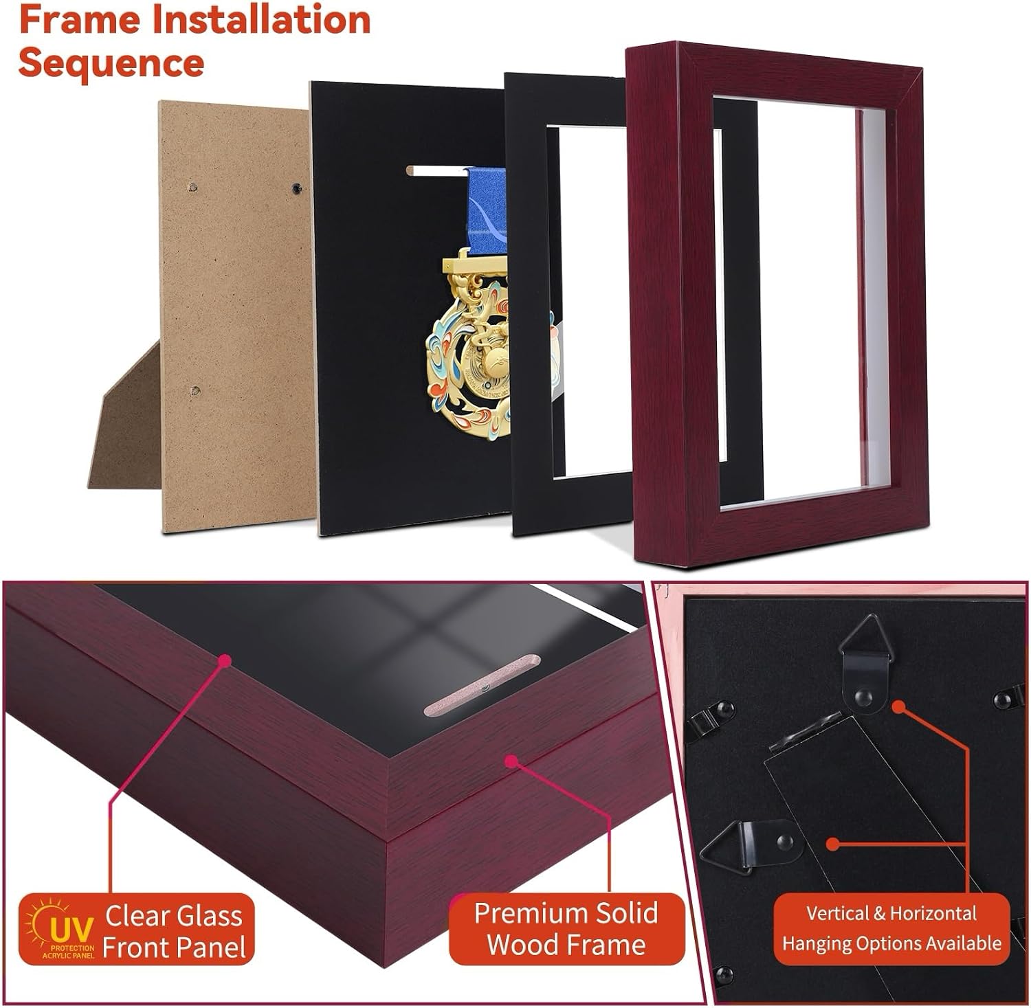 6x8 Inch 3D Medal Shadow Box - Solid Wood Frame with Glass Front & Perforated Backing for Marathon, Military, Sports Medals - Compact Single Display Case