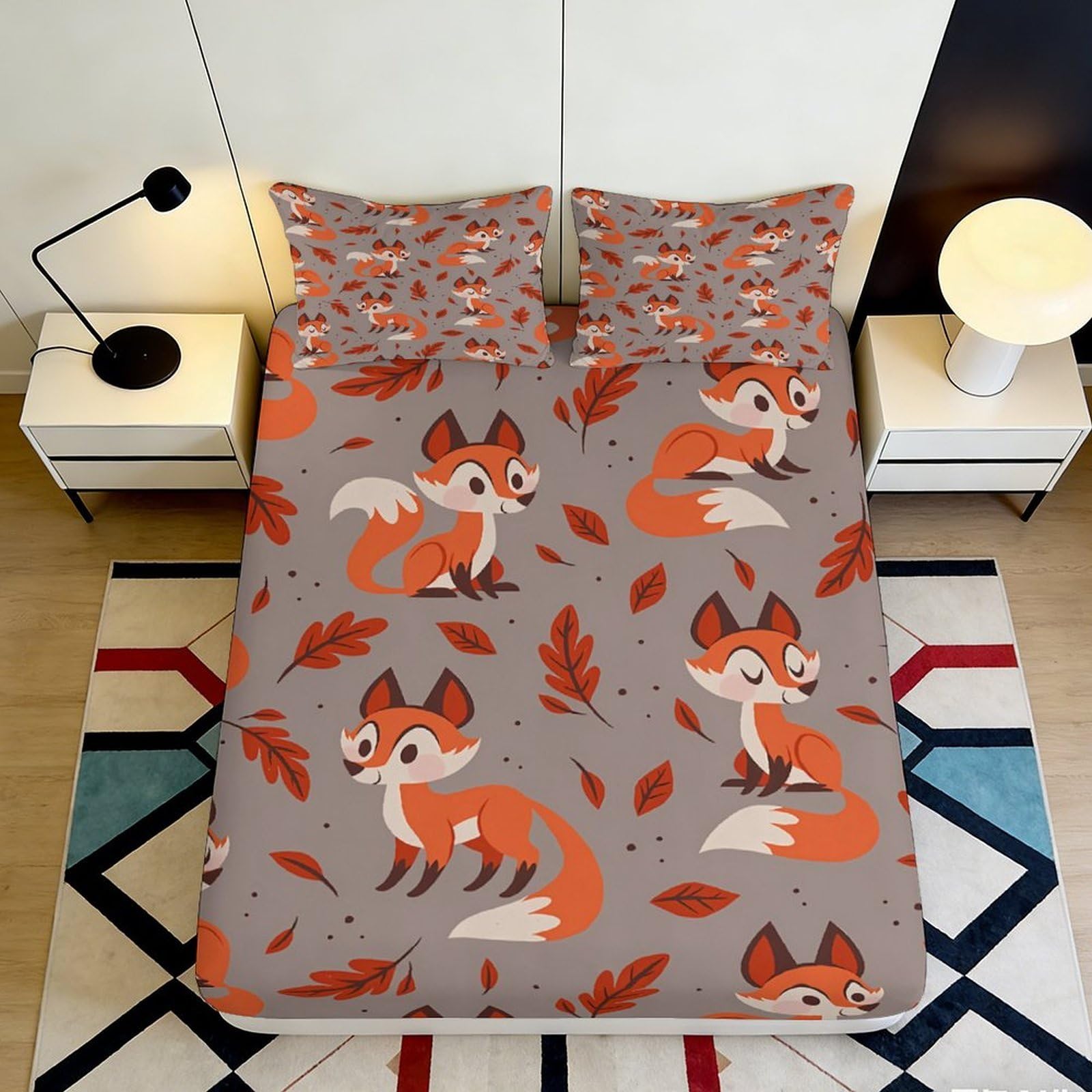 3D Printed Fox Pattern Fitted Sheet Microfiber Soft Breathable Autumn Leaves Bed Cover for Bedroom Dormitory Guest Room Mattress Protection Decor 120x200x25cm