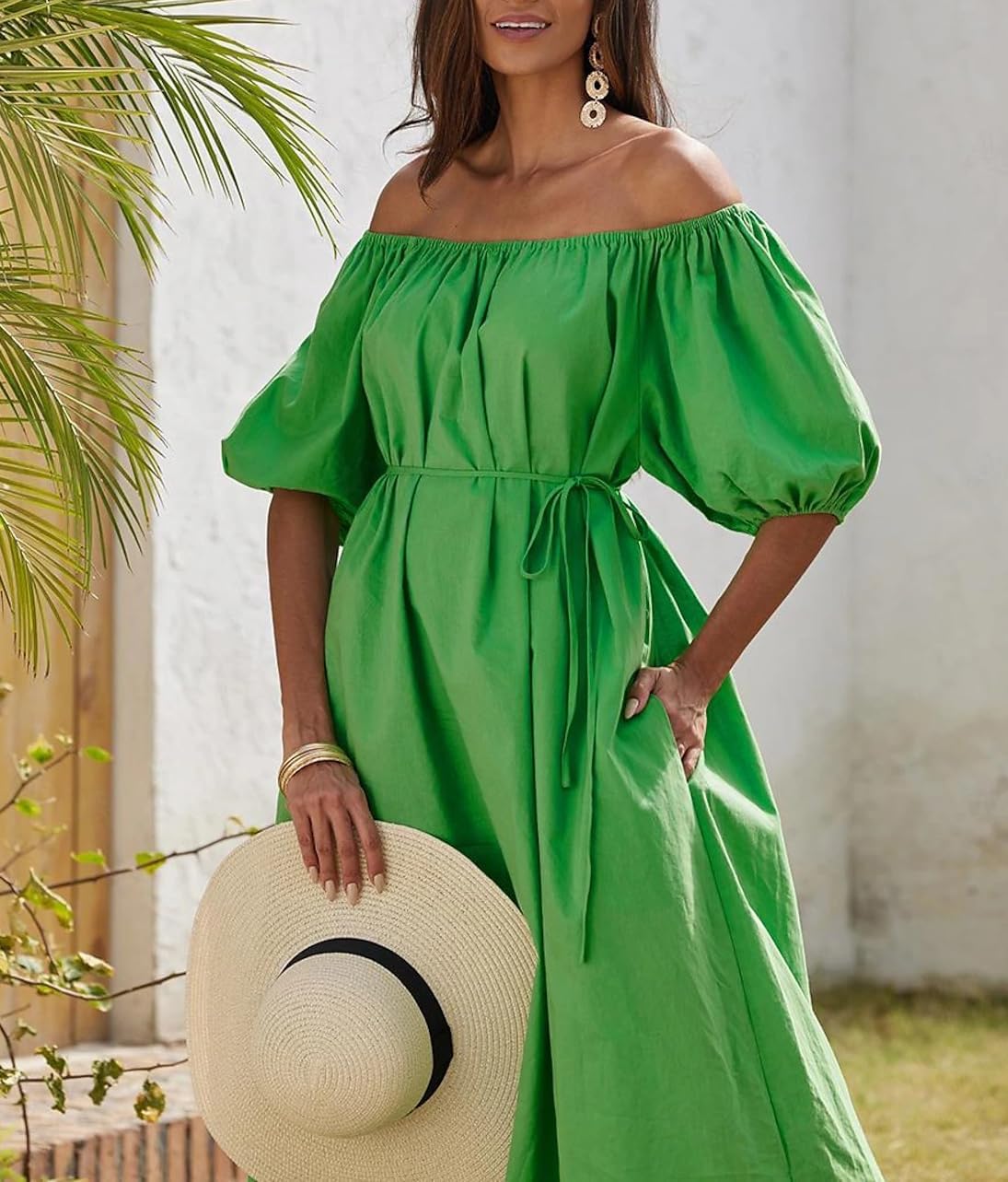 chouyatou Women Summer Beach Boho Puff Sleeve Dress Off Shoulder Casual Long Midi Shift Dress with Pockets