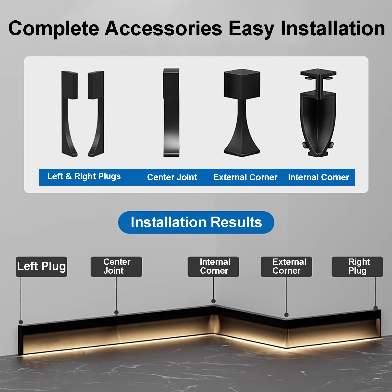 Zócalo de Perfil de Aluminio LED, Tira Decorativa con Ranuras, moldura de zócalo con iluminación integrada, Base de Pared con iluminación LED de Canal para Pasillo y Escalera Black 4cm