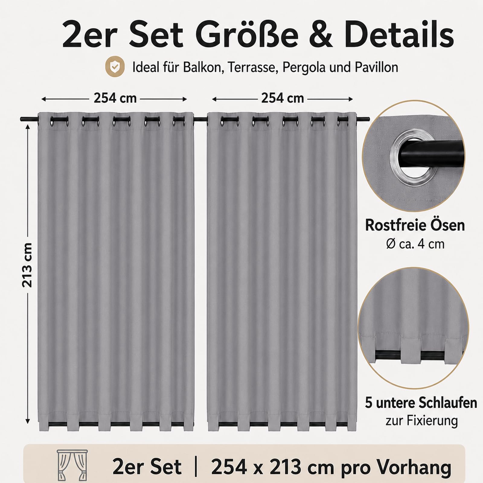 Pesonlook Outdoor Vorhang Wetterfest 2er Set, Wasserabweisende Outdoorvorhänge mit Ösen und unteren Schlaufen, Blickdicht Sonnenschutz Sichtschutz für Balkon Terrasse Pergola, 254 x 213 cm, Grau