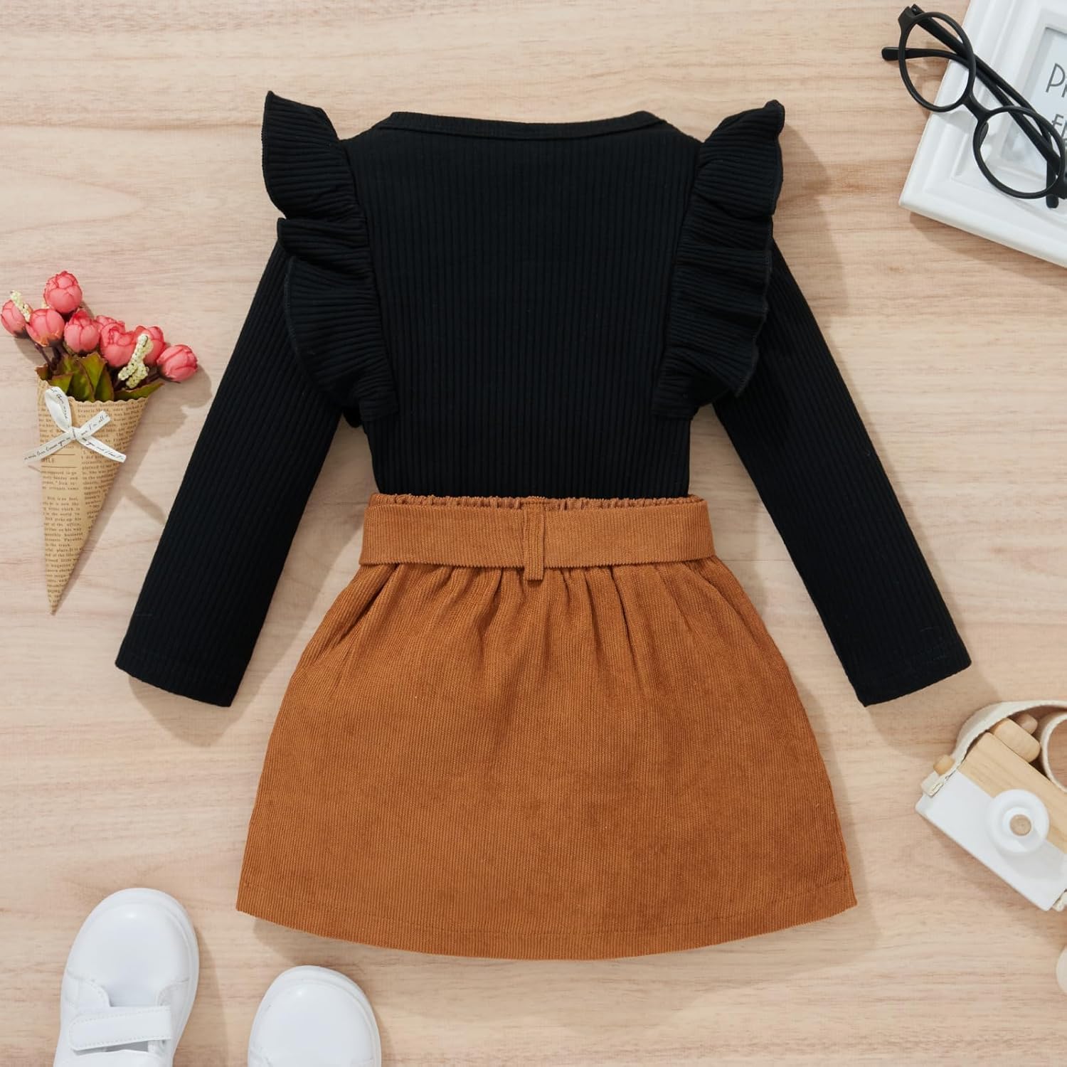 Toddler Girl Outfits Fall Winter Clothes Knitted Cotton Solid Color Ruffle Long Sleeves Tops+ Mini Skirts Set - Image 8