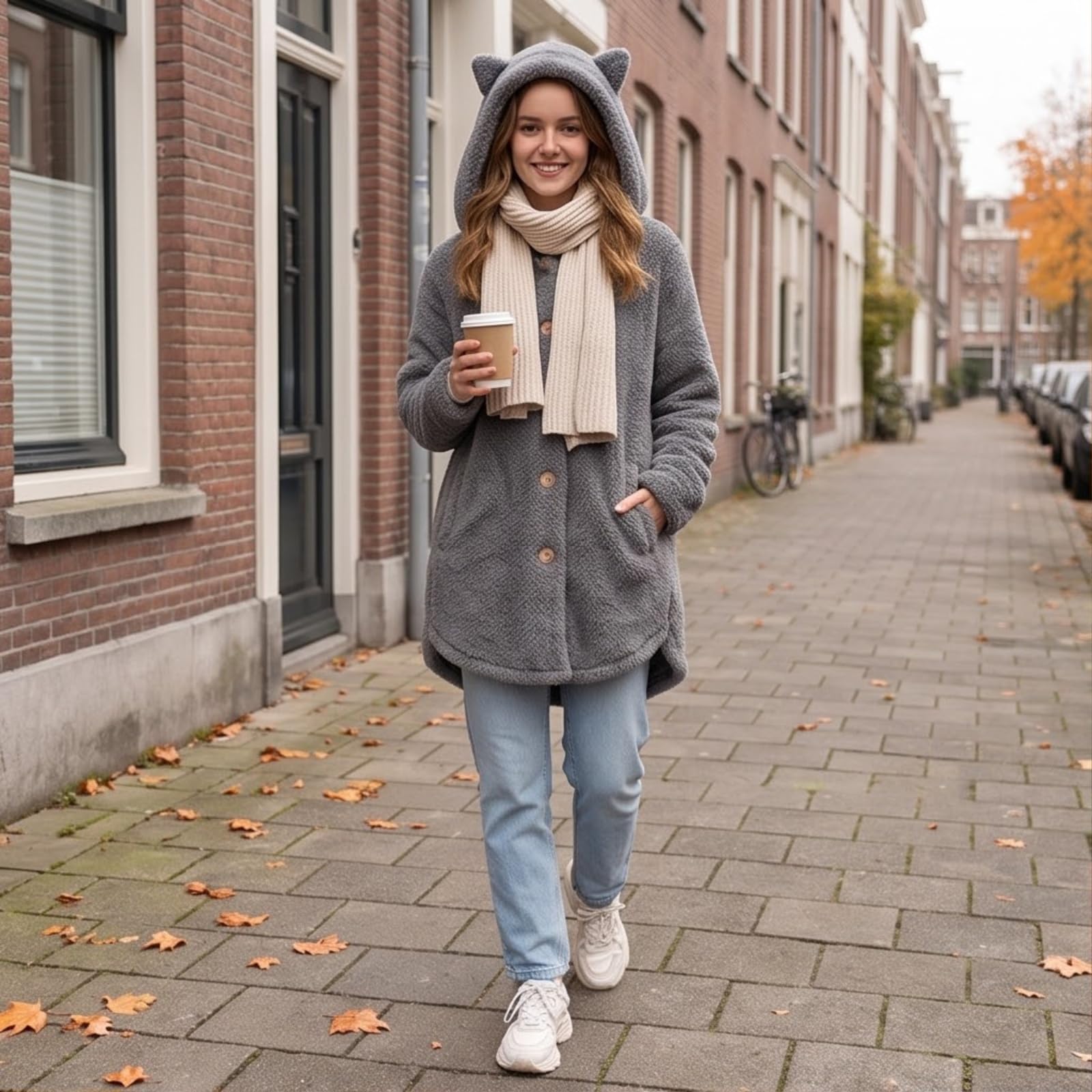 Teddymantel Damen Lang Fleecejacke Mit Kapuze Ohren Wintermantel Warm