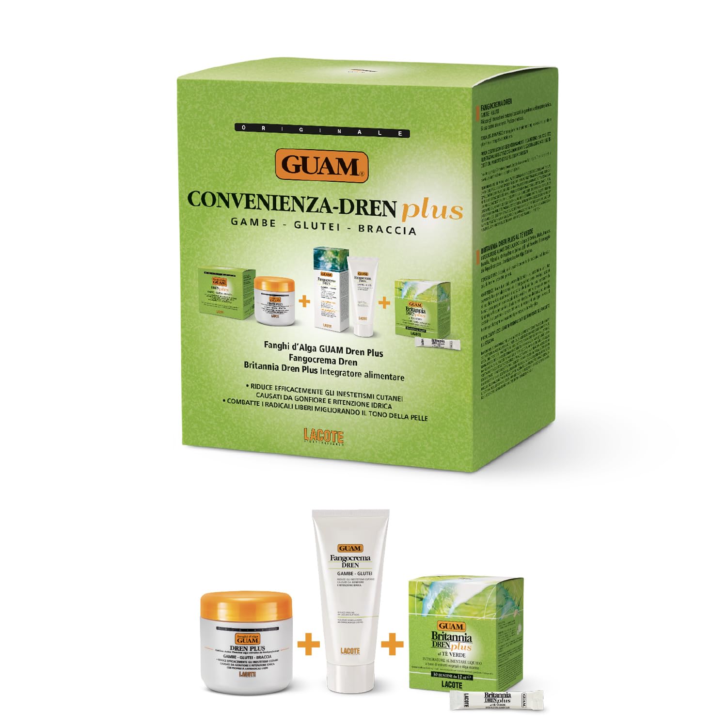 Guam, Algenfango Guam Dren Plus Convenience Set, Behandlung mit Algenfango Guam Dren Plus 500 gr + Schlammcreme Dren 200 ml + 30 Sachets Britannia Dren Plus Nahrungsergänzungsmittel, Made in Italy