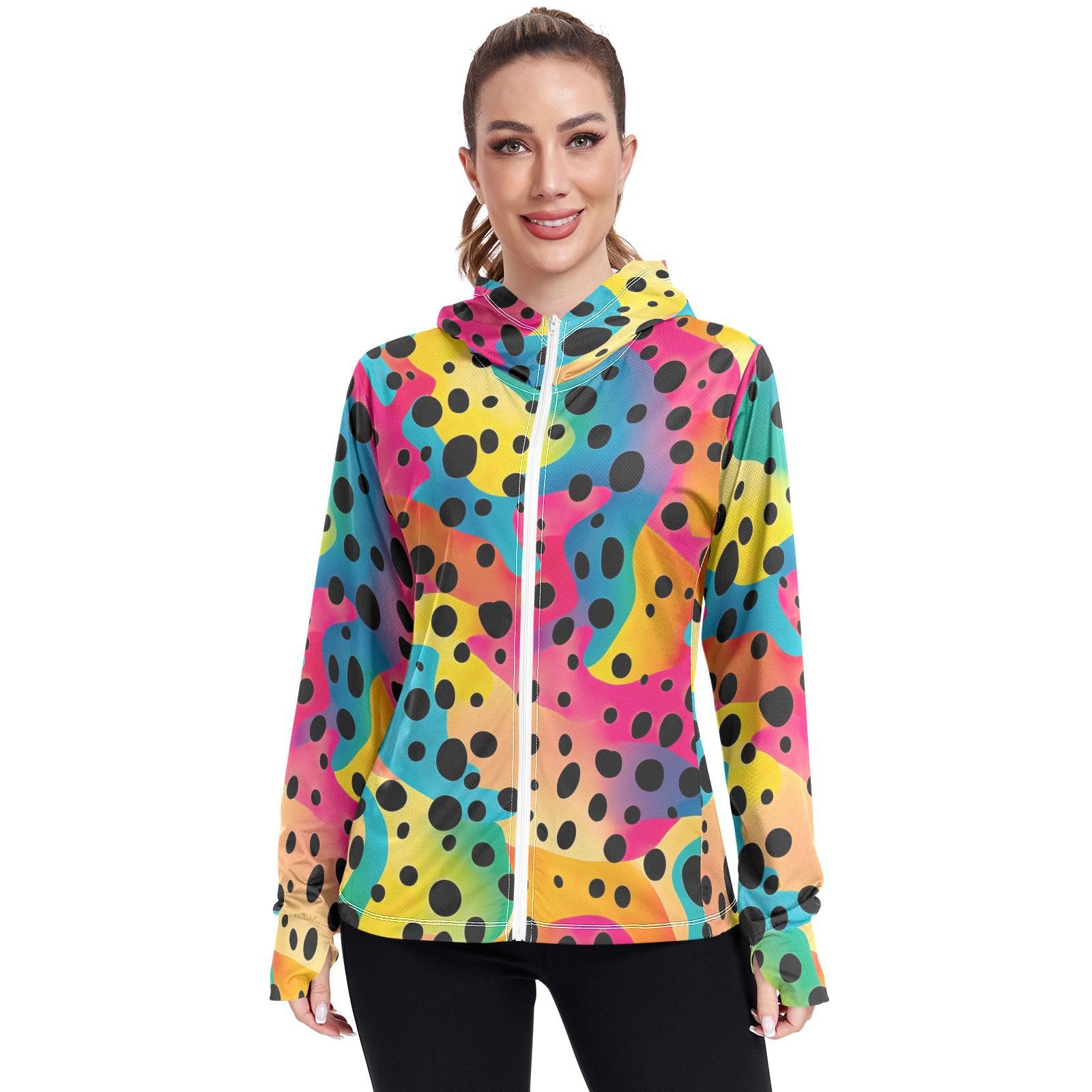UMIRIKO Colorful Leopard Print Pattern Women's UPF 50+ Sun Protection Jacket Hoodie Rash Guard Shirt with Pockets M 202a3474