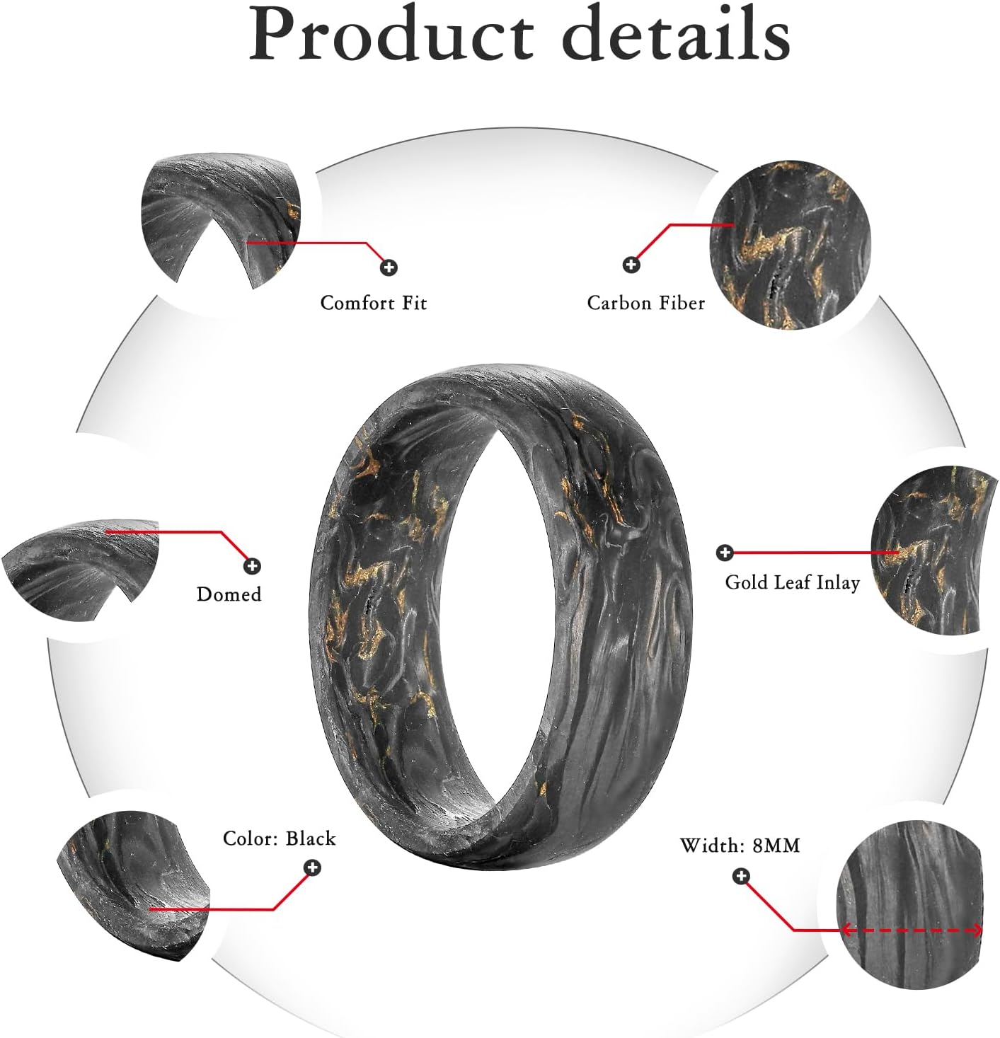 NUNCAD Men's Rings 8mm Black Pure Carbon Fiber Engagement Wedding Band Gold Leaf Inlay Domed Comfort Fit Size 7-12 - Image 5
