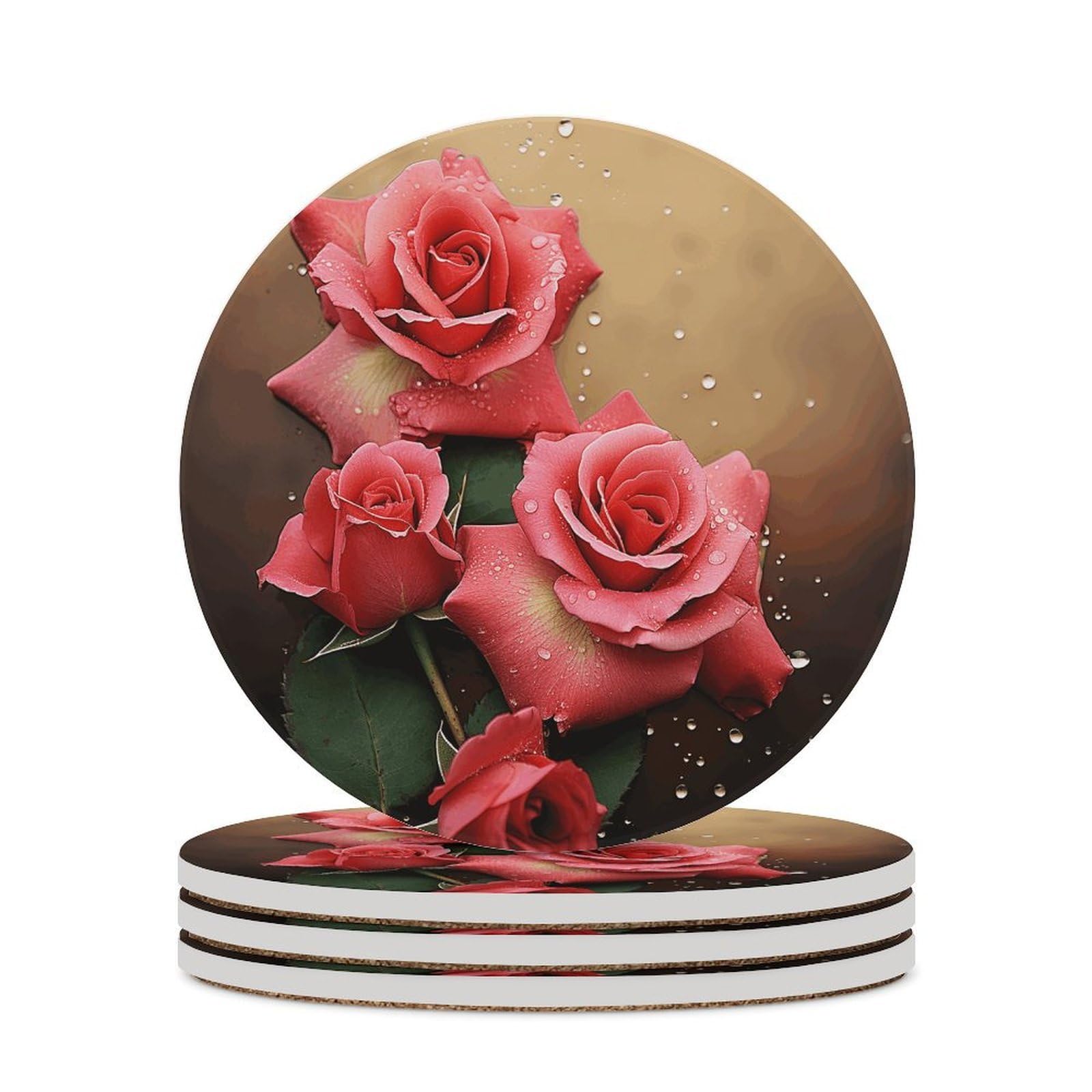 Roses Drink Coasters with Holder for Coffee Table,Ceramic Coaster with Cork Base,Ceramic Stone Coaster for Iced Cold Or Hot Drinks,4.1 Inches