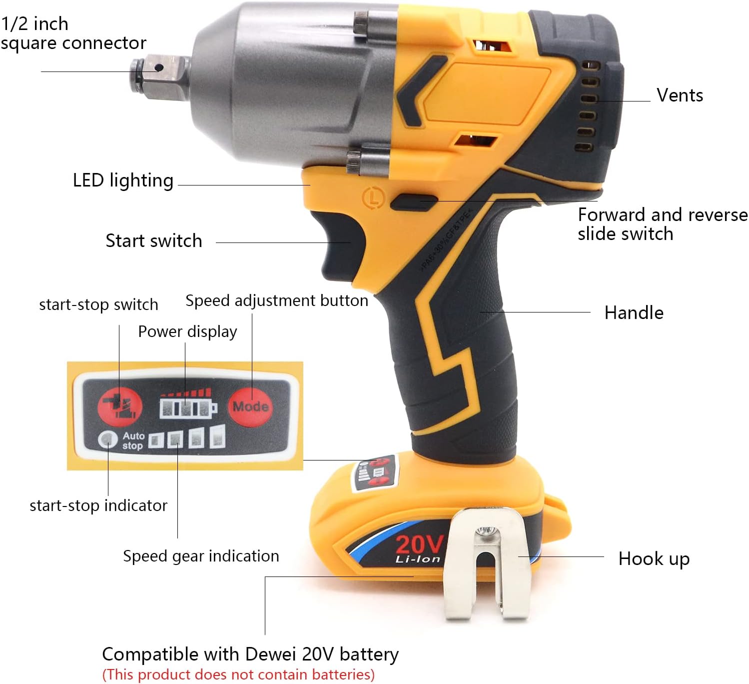 FSYAO 500 ft-lbs maximum torque, 20V 1/2 inch cordless impact wrench-brushless, 4-speed adjustment, automatic start and stop.(Host only/Without battery).