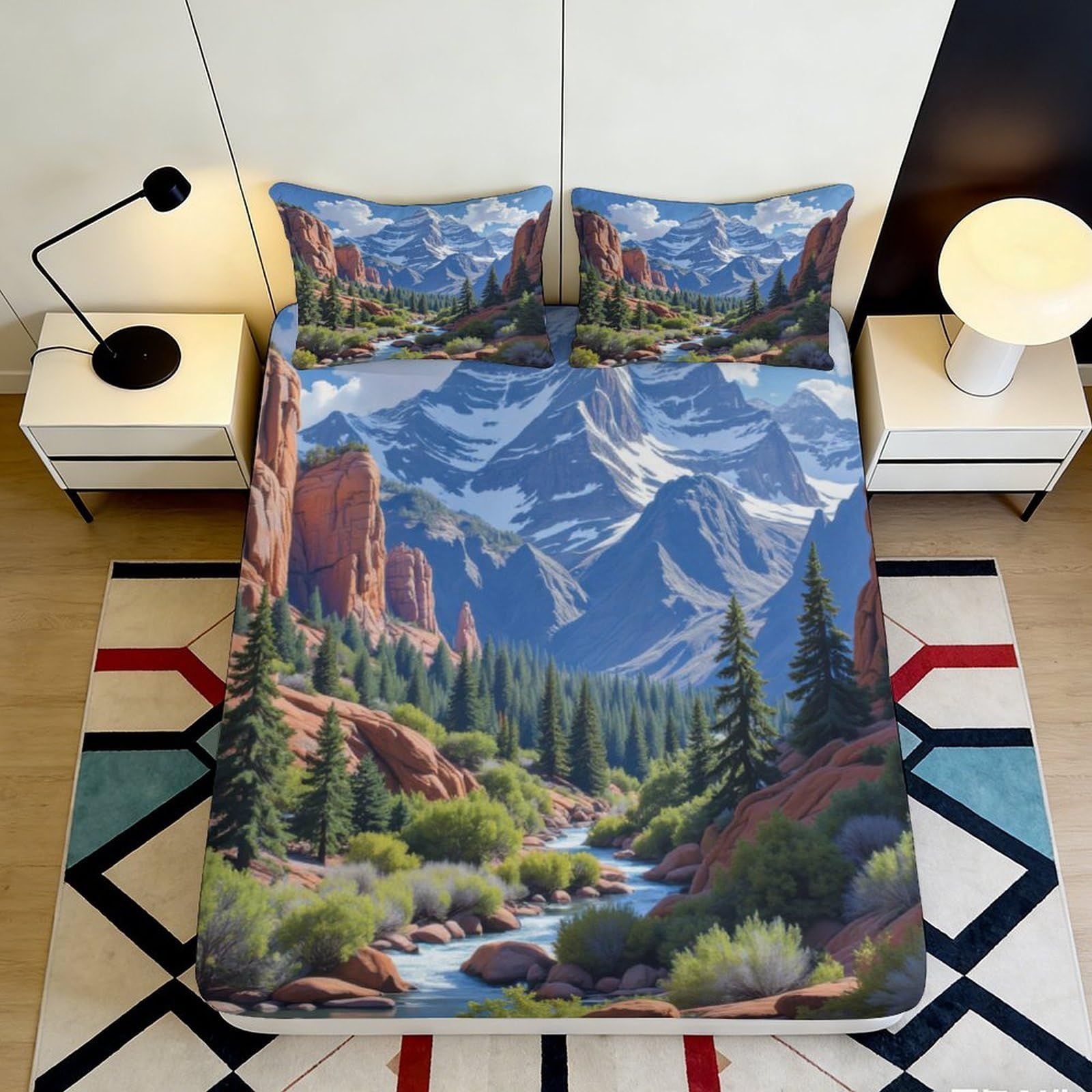 3D Printed Mountain Landscape Fitted Sheet Microfiber Soft Breathable River Valley Bed Cover for Bedroom Dorm Decor 140x200x25cm