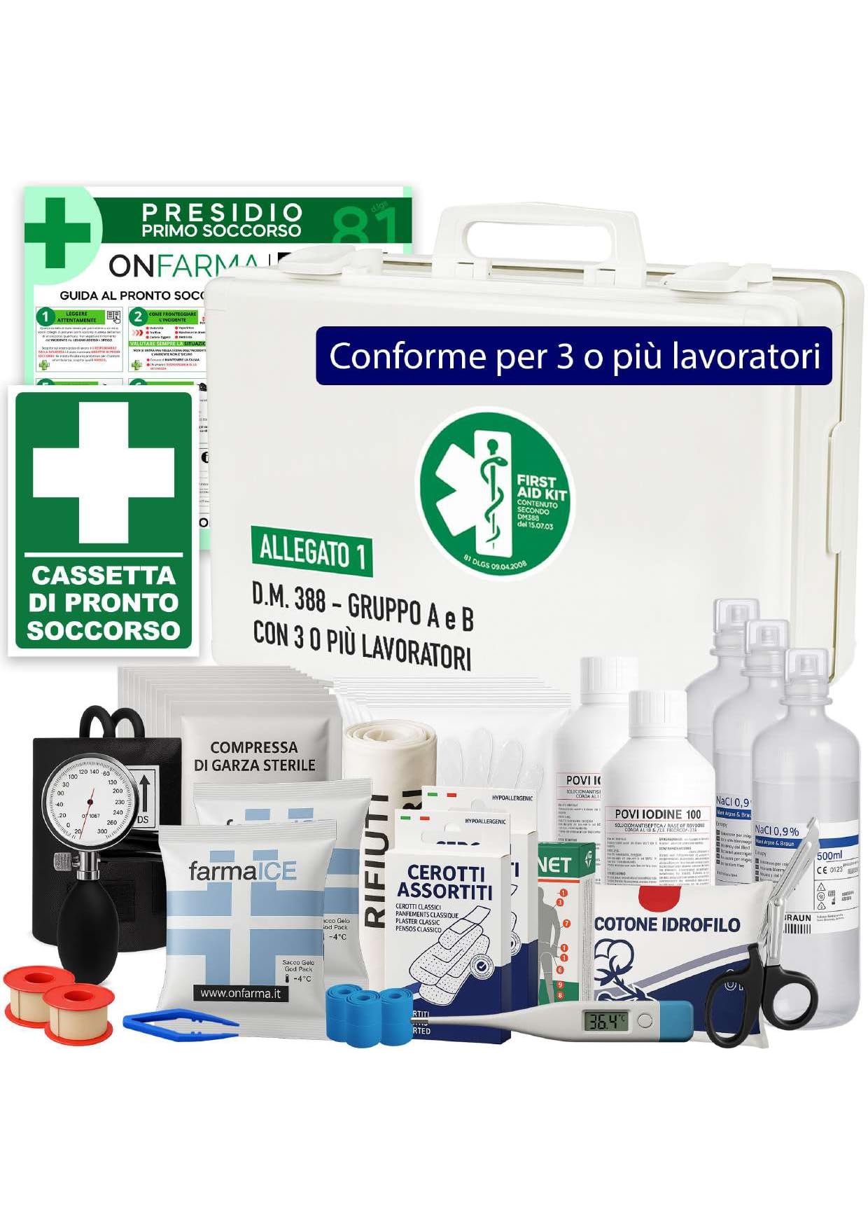 FARMA2 BIANCA CASSETTA PRONTO SOCCORSO Cassetta medica Completa di Croce adesiva e Cartello istruzioni di primo soccorso conforme DM 388 allegati 1 (per aziende con 3 o più lavoratori)