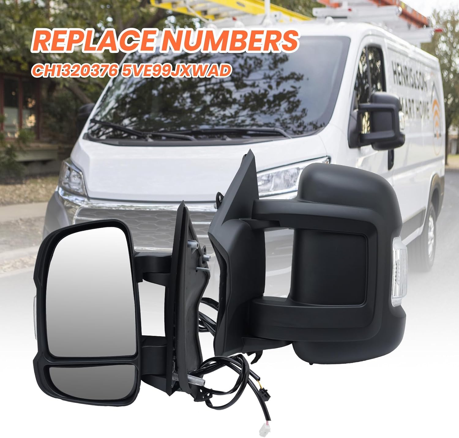 Left Driver Side Mirror for with 2014-2024 Ram Promaster 1500/2500/3500,Mirrors with Turn Signals Light,Temperature Sensor,Without Power Glass,Replaces# CH1320417 5VE99JXWAB(Short Arm)2+2Pins