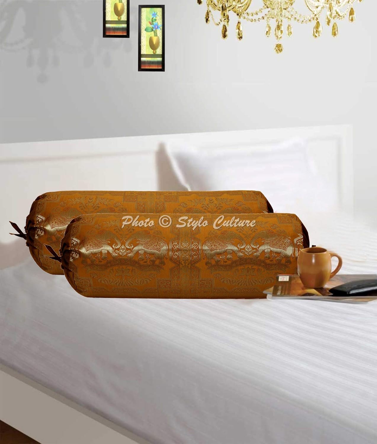 Ethnic Cylindrical Brocade Bolster Pillow Covers Mustard Yellow Gold Elephant Jacquard Weave Round Tube Pillow Traditional Floral Tubular Cushion Covers - (76x38 cm) | Set of 2 Pcs