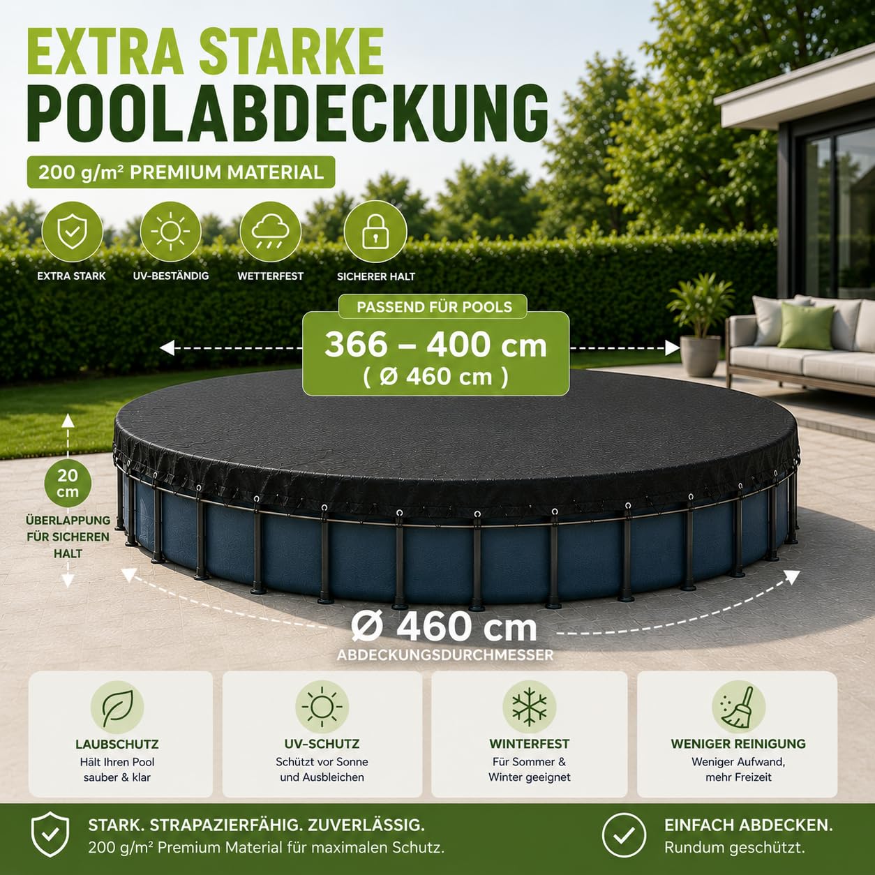 Bâche de piscine ronde - Extra forte 200 g/m² - Bâche solaire résistante aux UV pour été et hiver - Bâche de piscine robuste en noir (366-400 cm (Ø 460 cm)