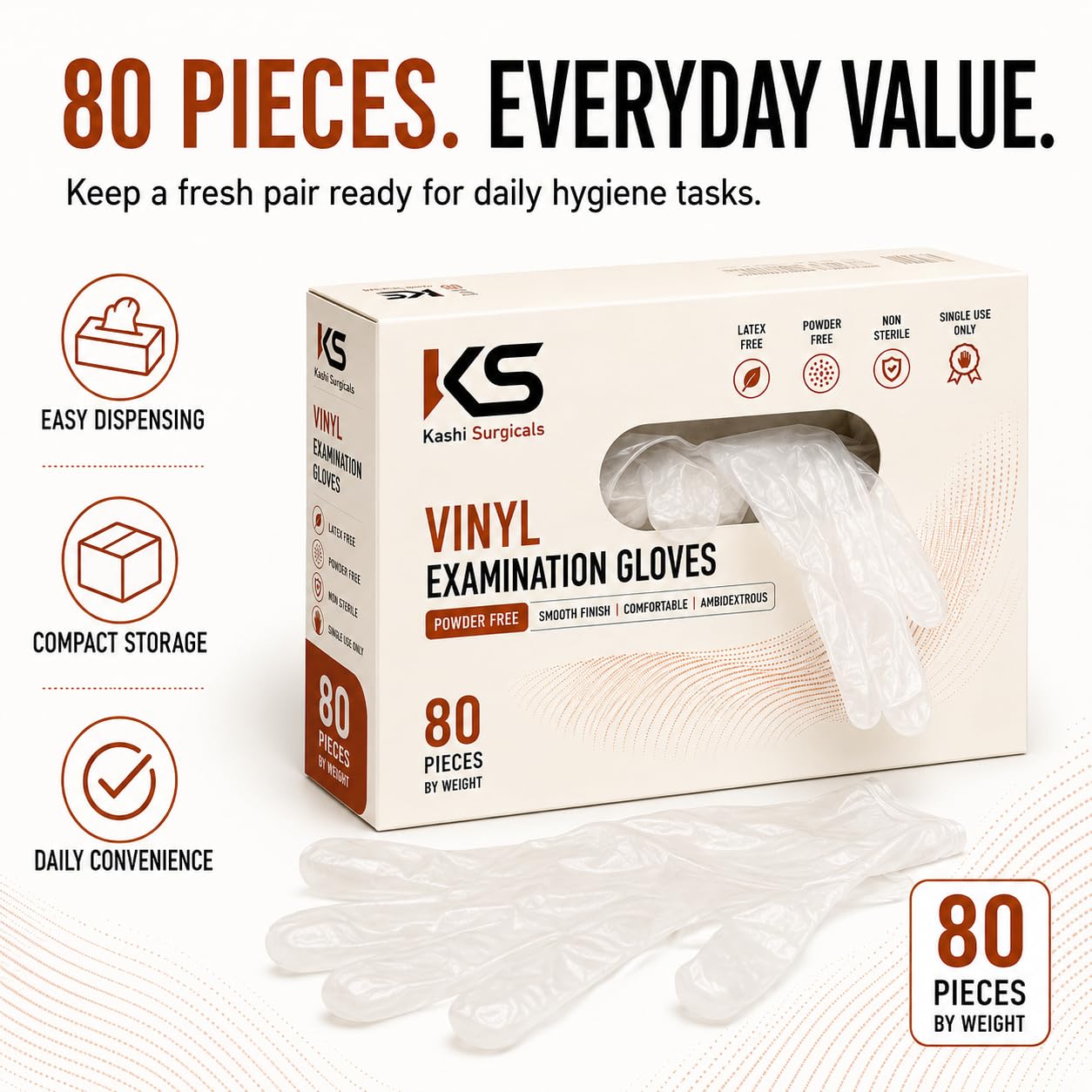 Kashi Surgicals Powder Free Blended Medical Examination Disposable Gloves, Food Grade (Latex Free Rubber, White Clear, Box Of 80) (Large), Pack of 1 4