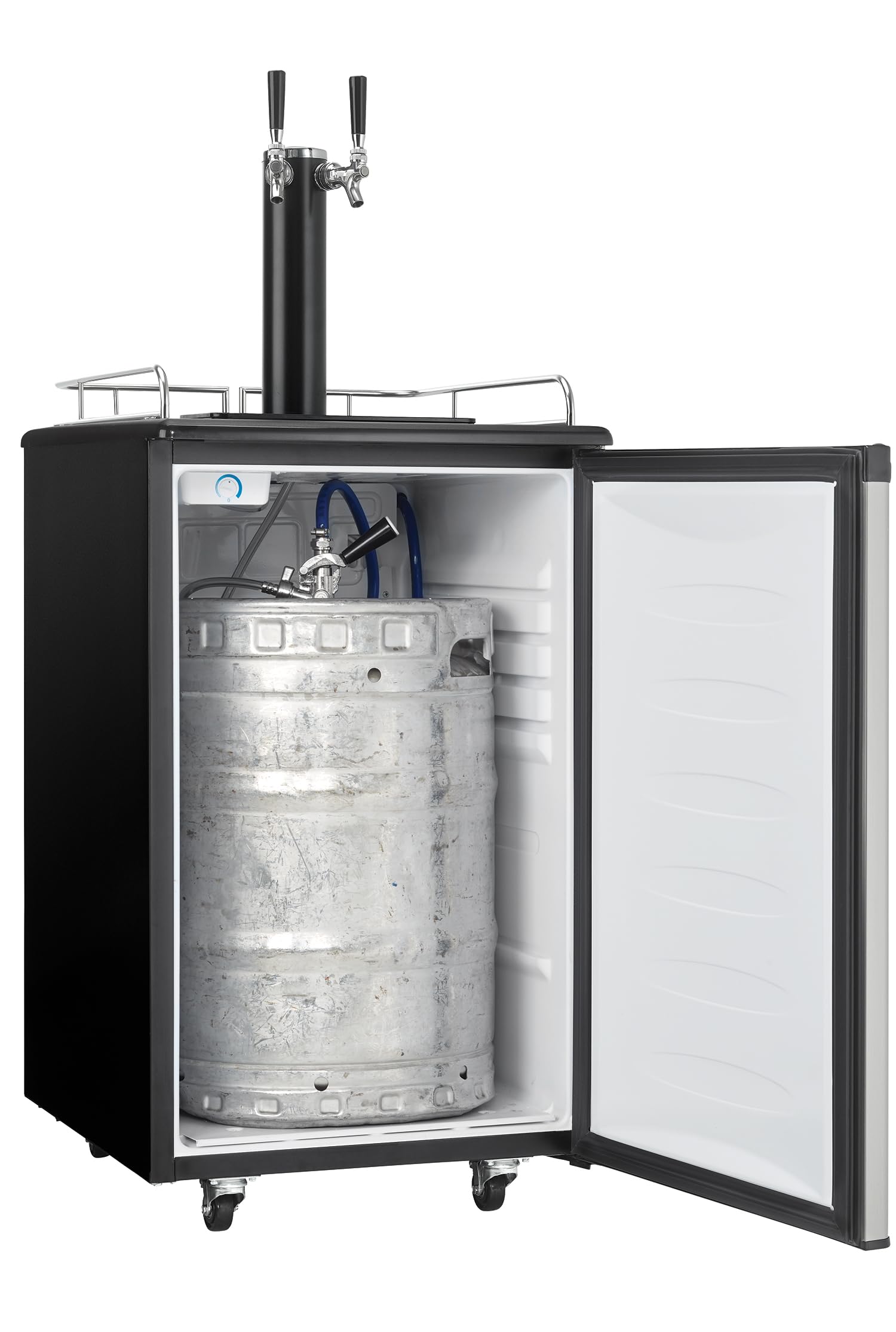Danby DKC054A1BSL2DB 5.4 Cu.Ft. Double Tap Kegerator, Auto Defrost and Mechanical Thermostat, Keg Cooler with Scratch-Resistant Worktop and Reversible Door Hinge, Steel on Fridge.com