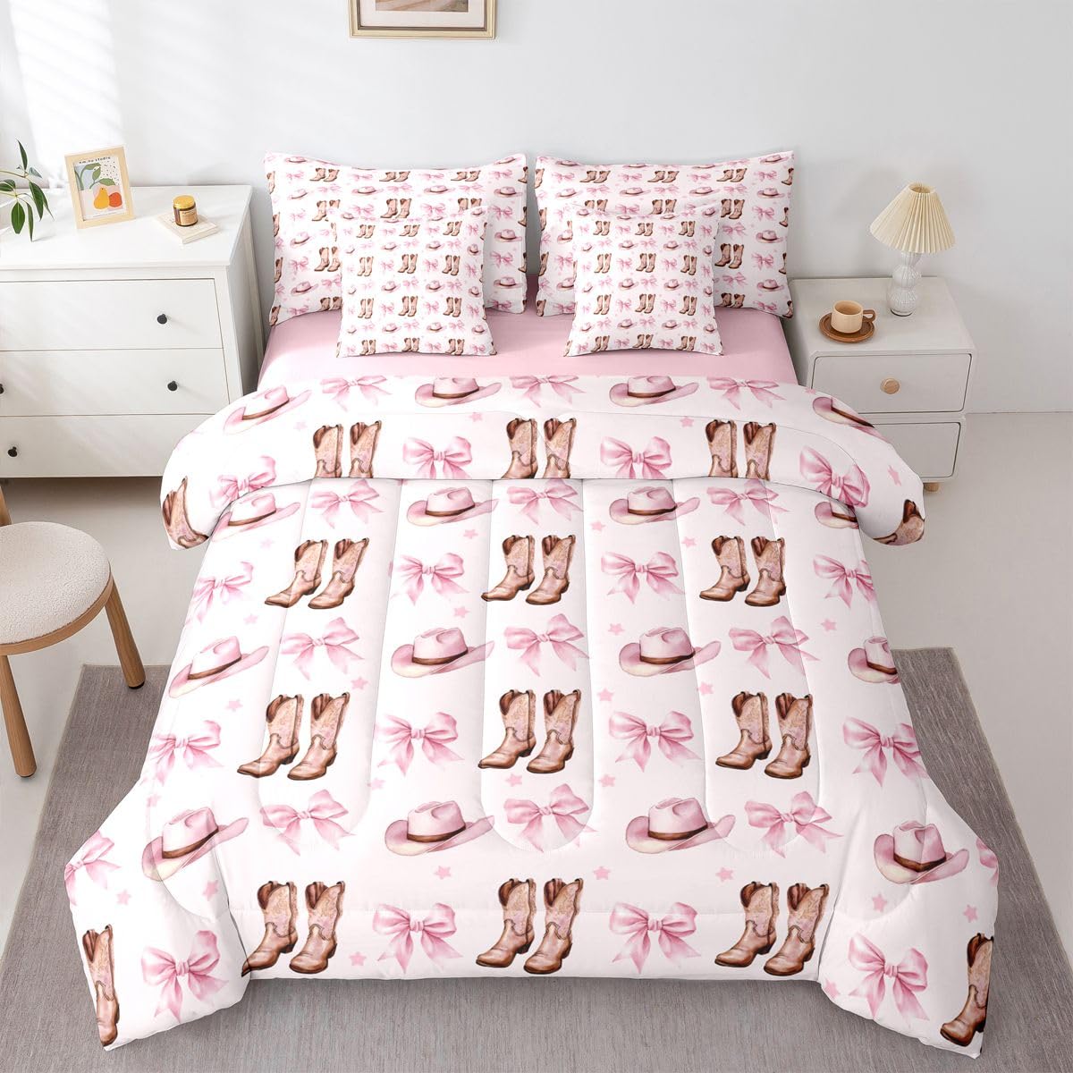 Feelyou Kwaii Pink Bow Cowgirl Comforter Set with Sheets 7 Piece Twin Coquette Western Aesthetic Bed in a Bag Boys Girls Cowboy Hat Boots Bedding Set Girly Western Room Decor Bowknot Soft Lightweight