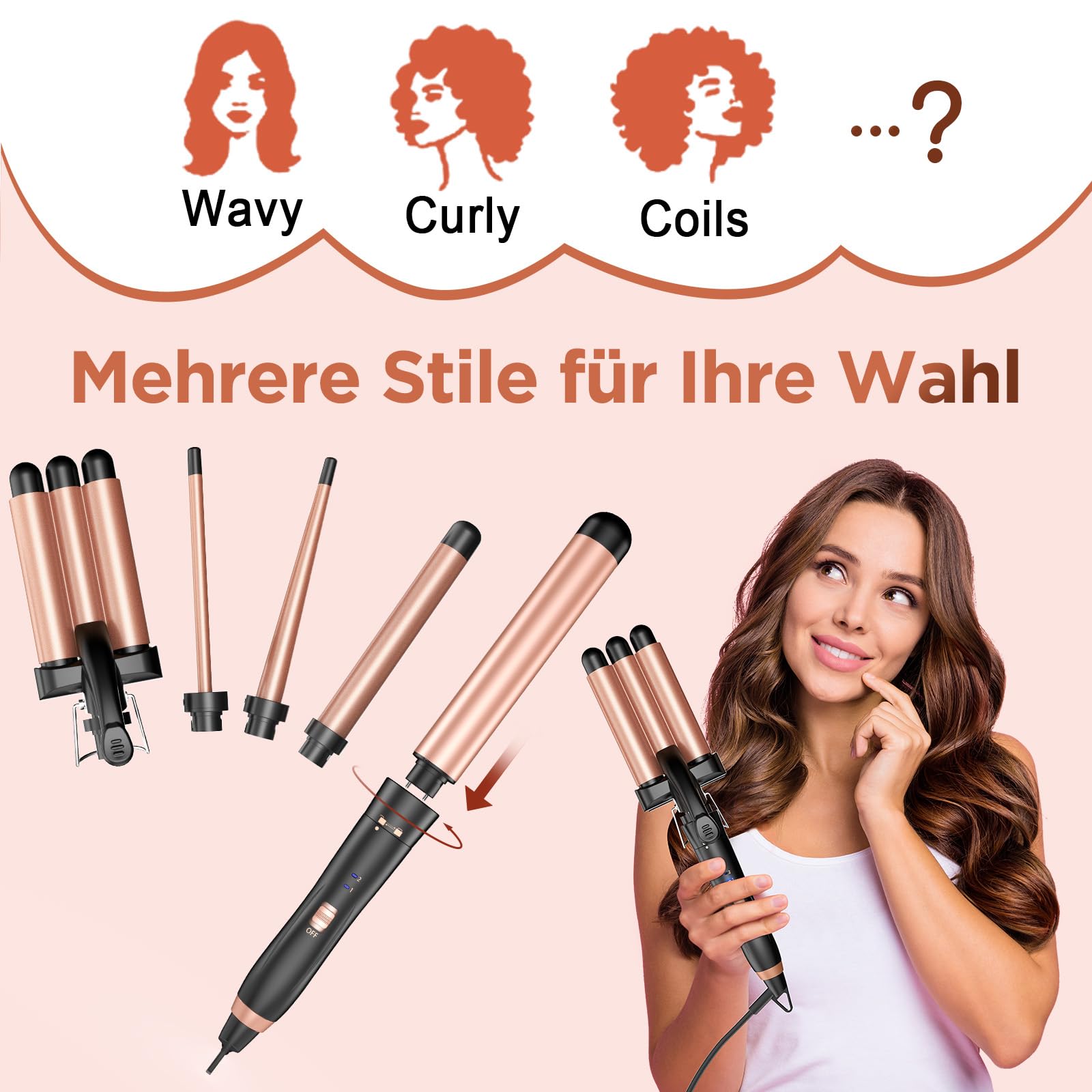 BESTOPE MIX Welleneisen Set 5 in 1, Lockenstab mit Verschiedenen Aufsätzen Einstellbare Temperatur Keramik Lockenstab Große Locken Schnellaufheizung lockenstäbe 3 Fässer für Lange/kurze Haare