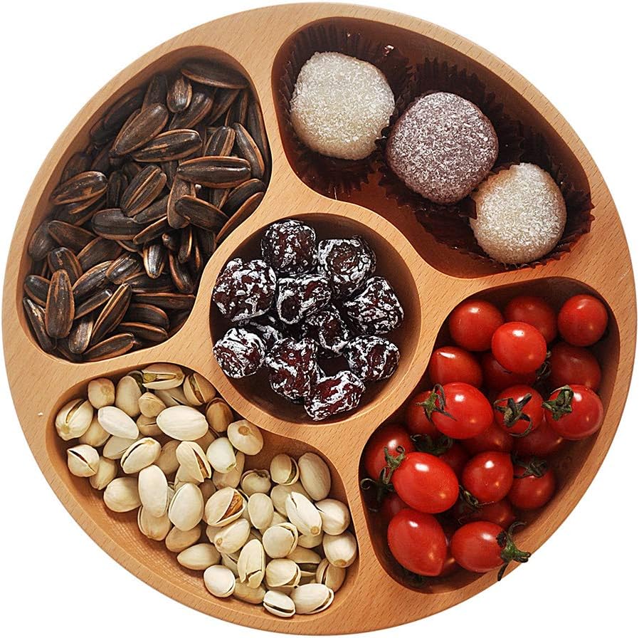 Multi-Divided Wooden Dried Fruit Dessert Plate Round Table Tray Cake Display Dish Birthday Household Tableware Kitchen Supplies