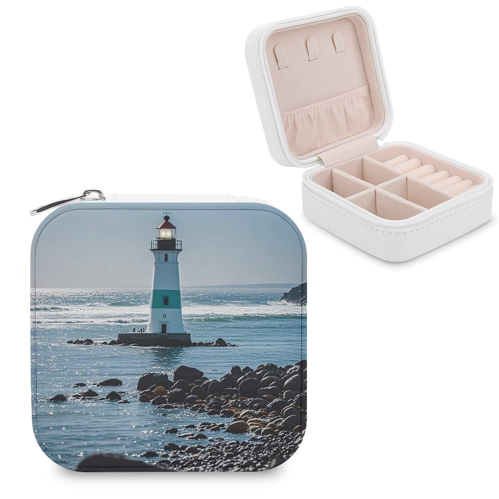 LZQPOEAS Lighthouse Ocean Jewelry Box Mini Jewelry Travel Case Trendy Stuff Ring Box Custom PU Leather Jewelry Boxes Portable Jewelry Case Earring Storage Organizer for Girls Women