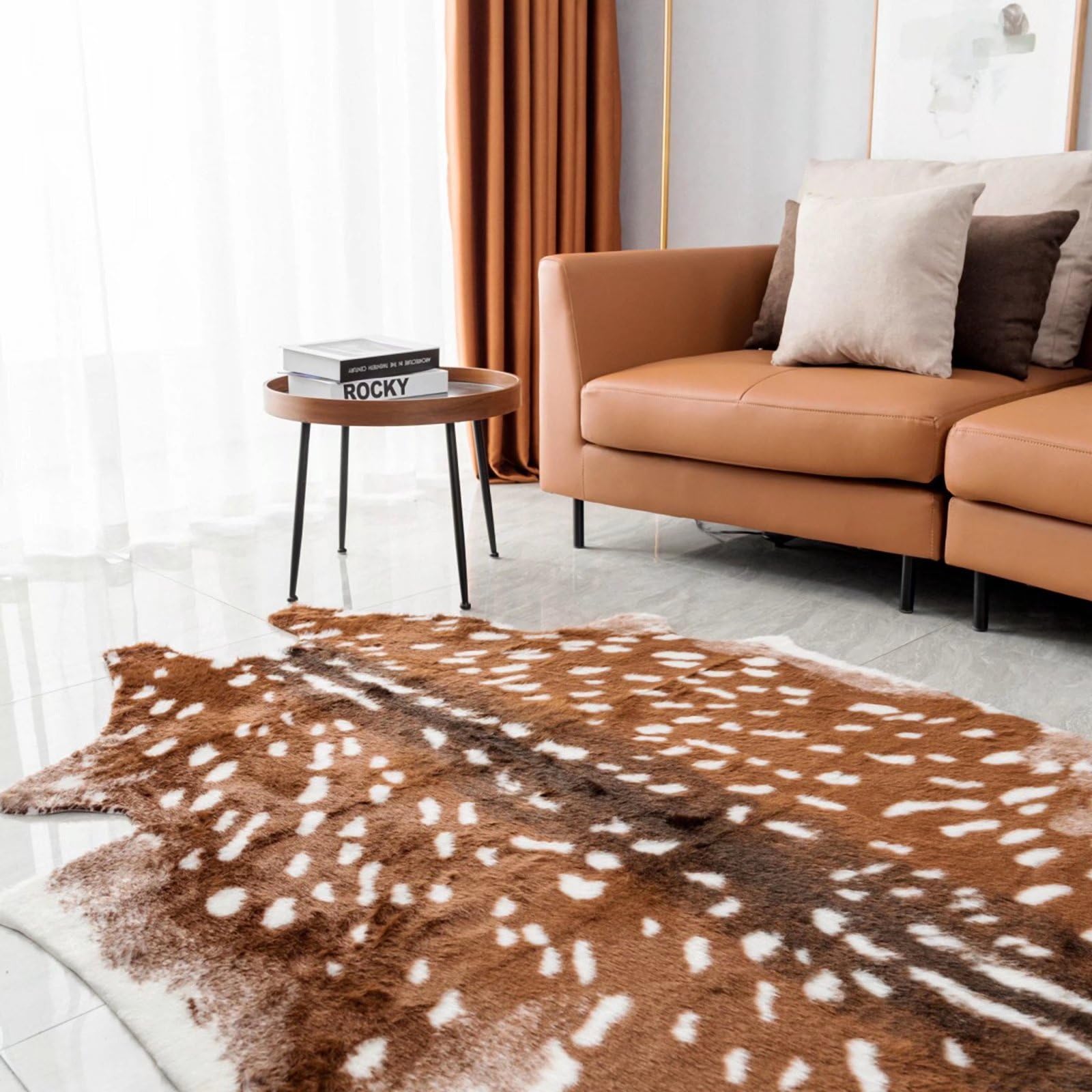 Grand tapis Sika en fausse fourrure avec imprimé cerf - 1,5 x 1,8 m - Blanc et marron